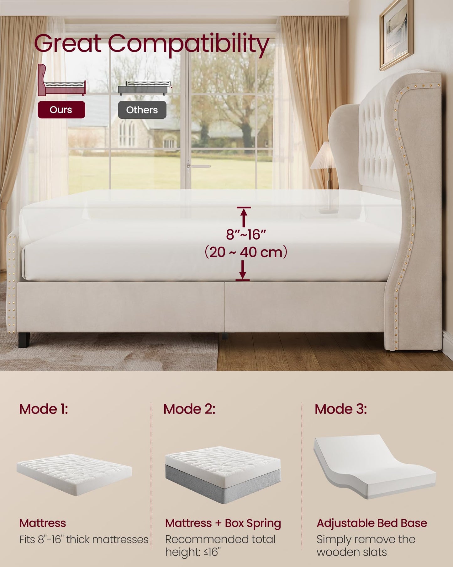 VASAGLE King Bed Frame with Tall Headboard, Upholstered Platform Bed Frame King Size, with Wingback Tufted Headboard and Footboard, Wooden Slats, No Box Spring Needed, Cappuccino Beige URMB884W01