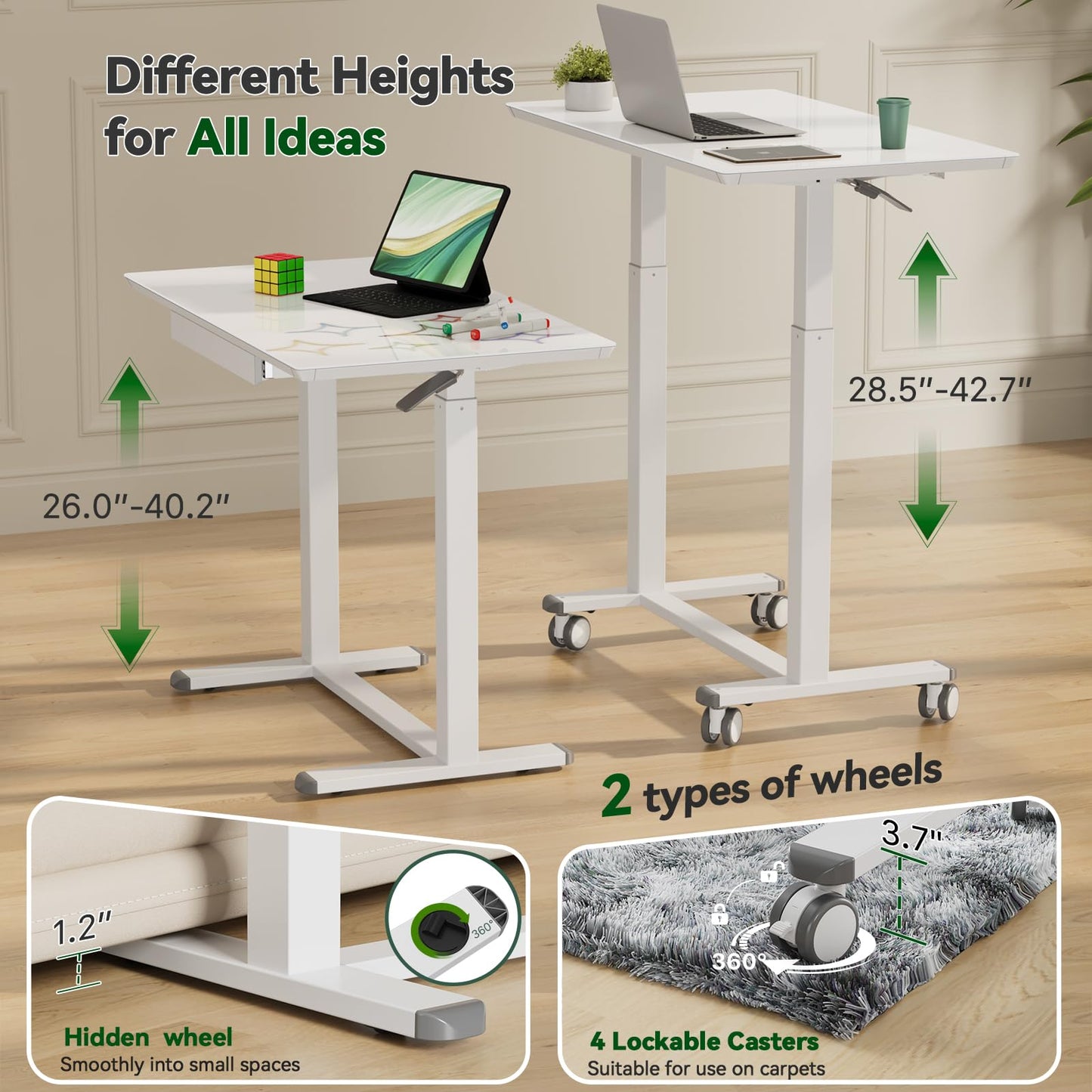 Gibbon Mounts Glass Standing Desk with Drawers, 35inch Small Mobile Laptop Desk, Height Adjustable Rolling Sit Stand Desk, White Pneumatic Portable Computer Desk with Hidden Wheels or Lockable Casters