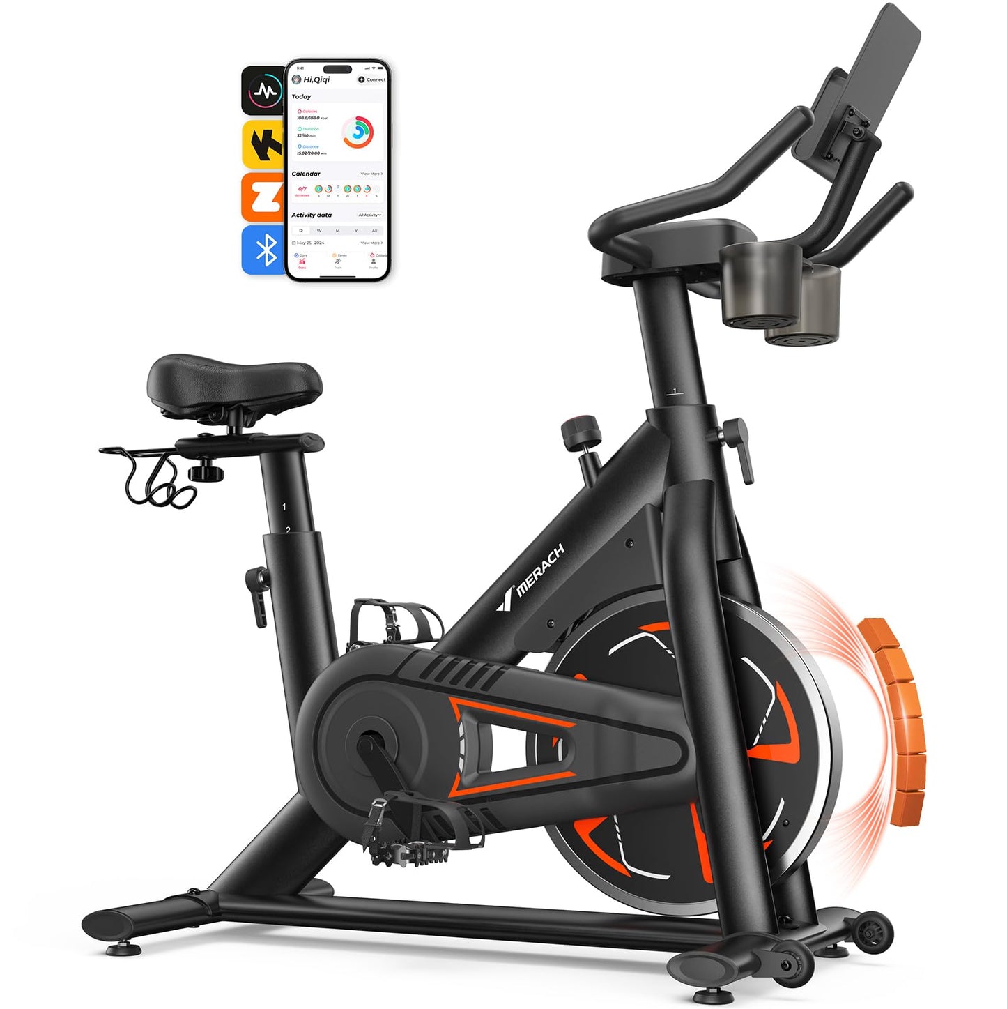 Merach Magnetic Exercise Bike, Low Noise Stationary Bike for Home with Comfortable Seat Cushion, Spinning Bike with 330 lb Weight Capacity, Exclusive App, Tablet Mount and Fitness Courses