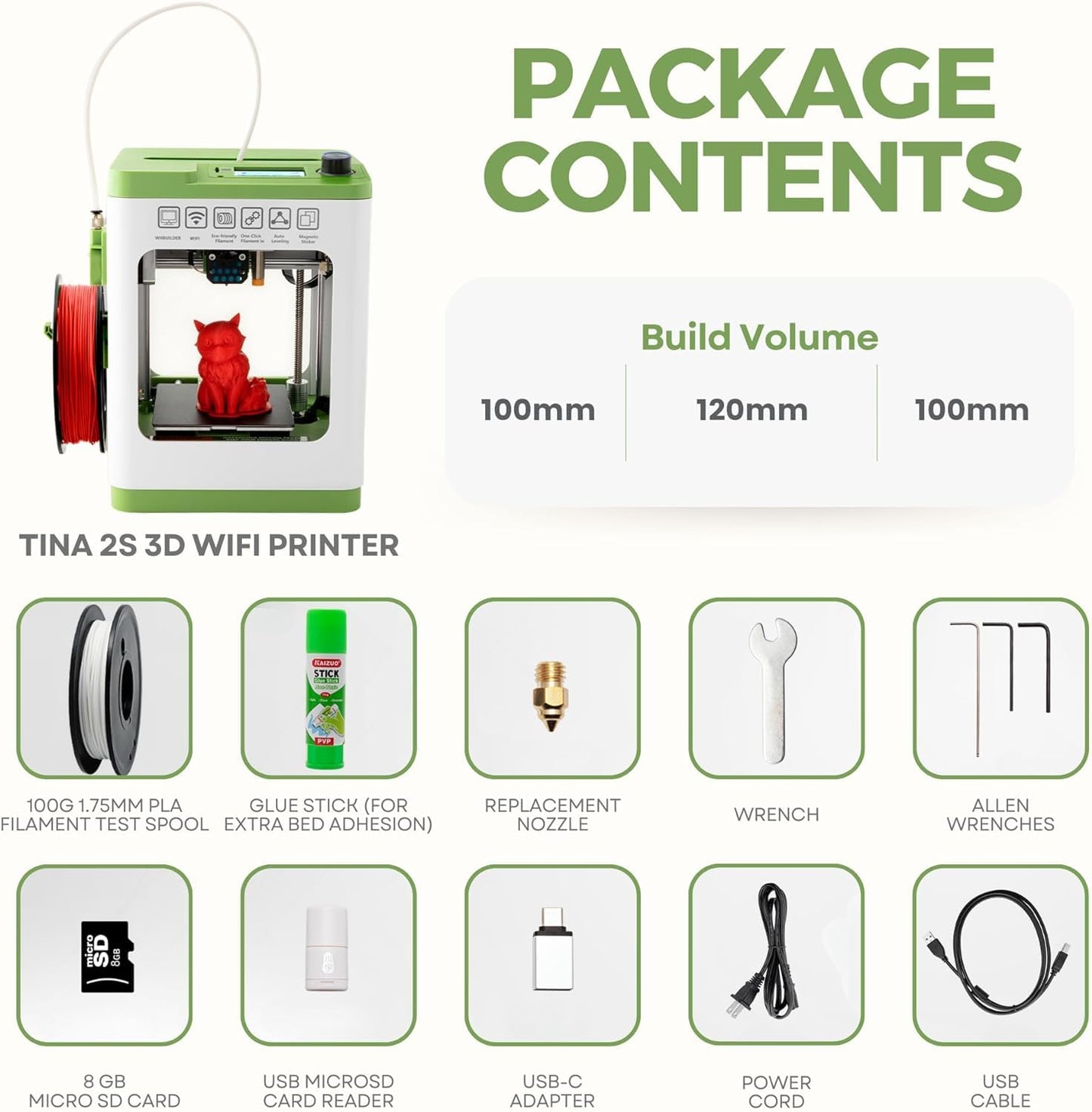 Fully Assembled Mini 3D Printer for Kids and Beginners - Complete Starter Kit with Auto Leveling 3D Printing Machine, 10M PLA Filament, and SD Card - WiFi 3D Home Printer for MAC Windows Linux (Green)
