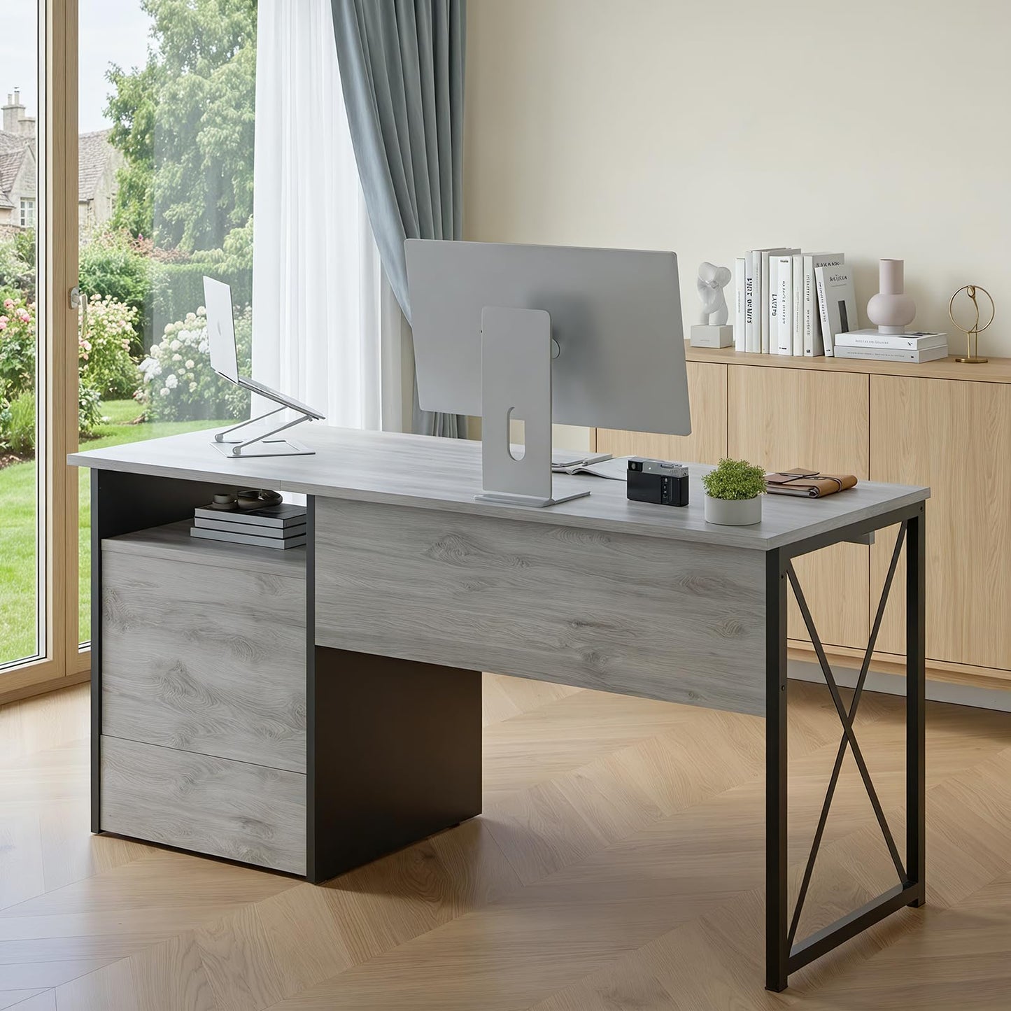 Bestier Office Desk with Drawers, 55 inch Industrial Computer Desk with Storage, Wood Teacher Desk with Keyboard Tray & File Drawer for Home Office, Light Gray Oak
