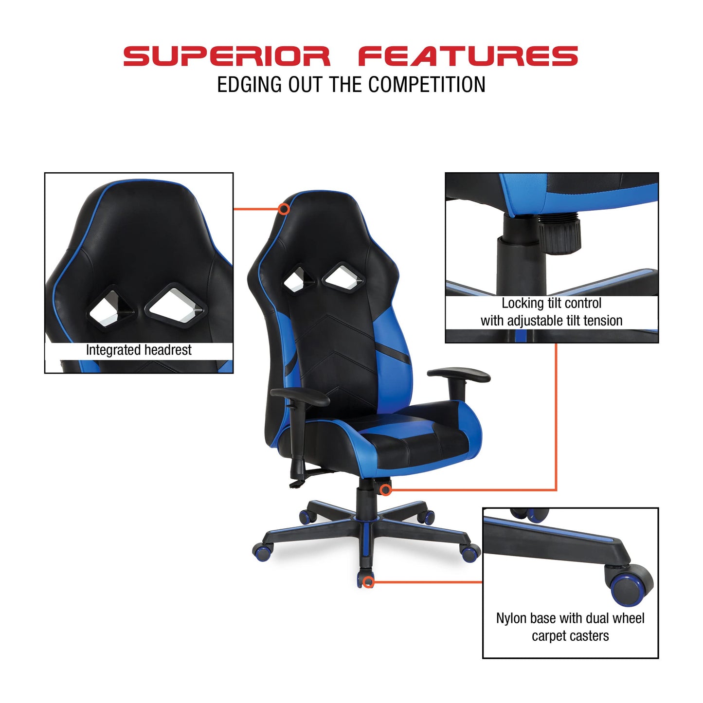 OSP Home Furnishings Vapor Ergonomic Adjustable High Back Faux Leather Gaming Chair with Coil Spring Seat and Integrated Cooling Airflow, Blue Accents