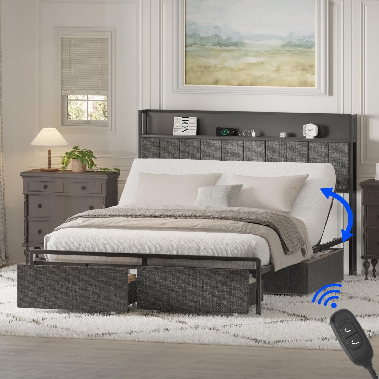 FLEXISPOT Queen Adjustable Bed with Storage Headboard, Charging Station, Head Incline, LED Lighting, Storage Drawers, Quiet Powerful DC Motor, and Easy Assembly