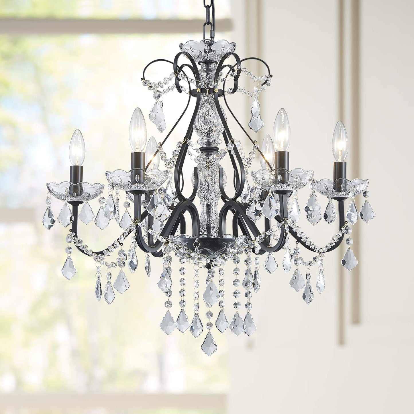 Bestier Black Vintage Candle Chandelier Lighting Fixture, 6 E12 Bulbs Required, D24in x H26in