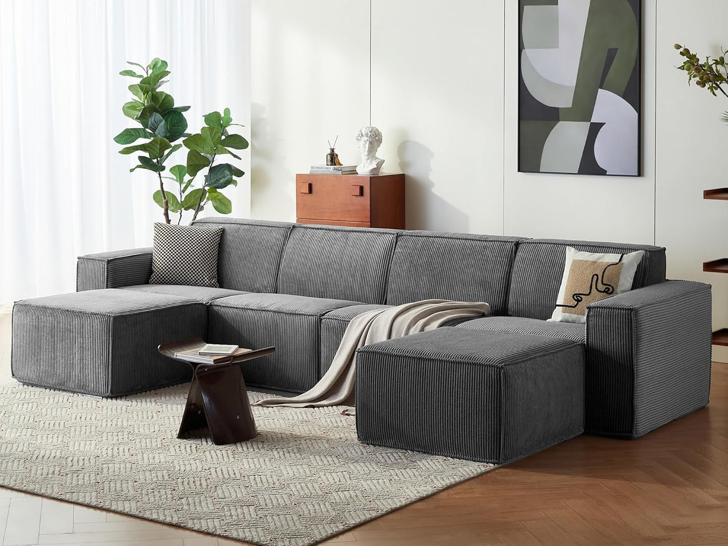 LINSY HOME Modular Sectional Sofa, 134" Boneless Couch U Shaped 4-Seat Sofa with 2 Movable Ottomans, Corduroy Sectional Cloud Couches for Living Room, No Assembly Required, Grey
