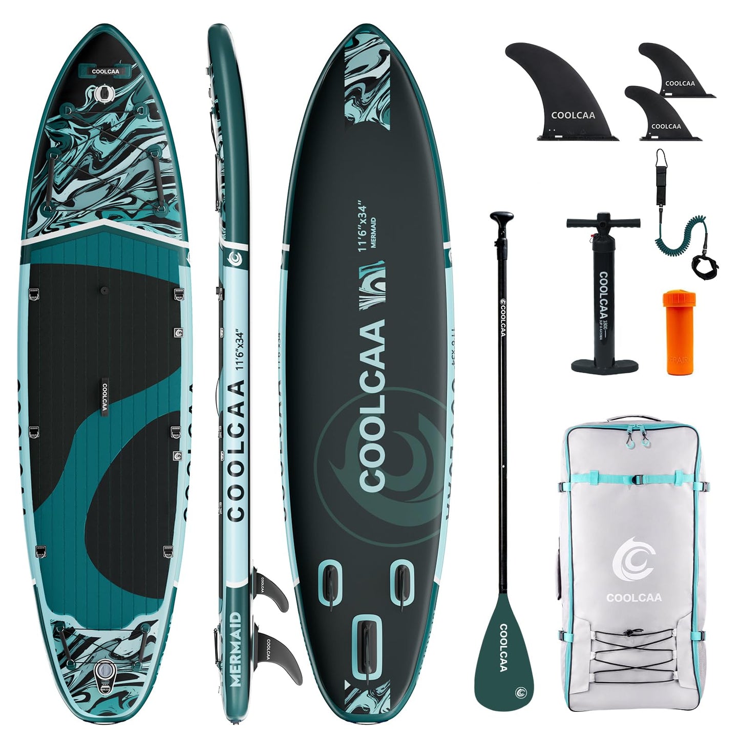 COOLCAA Mermaid 11'6" x 34" Extra Wide Inflatable Paddle Board, 490lbs Capacity Stable SUP for Family, Beginners & Dogs, Heavy Duty Fishing Paddle Board with Premium Accessories, Backpack & Pump