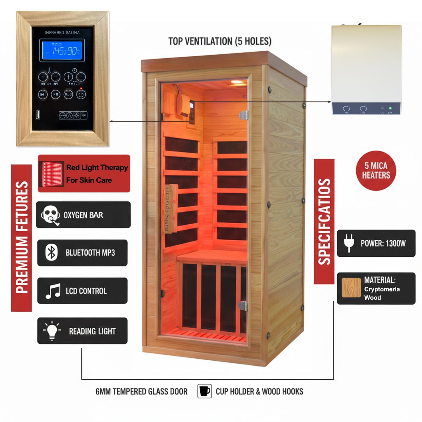 Homsido Red Light Therapy Infrared Sauna for Home – 1300W 110V 1-Person Indoor Wood Sauna w/Carbon Crystal Heaters, Red Light Lamp, Post-Workout Recovery & Spa Relaxation, Gift for Women Men