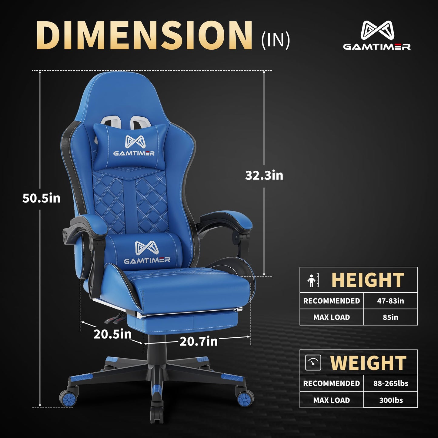 Gamtimer Gaming Chair, 400 lbs Adult Chair, High Back Computer Chair with Footrest and Linked Armrests, Office Video Game Chair with Lumbar Support (Blue)