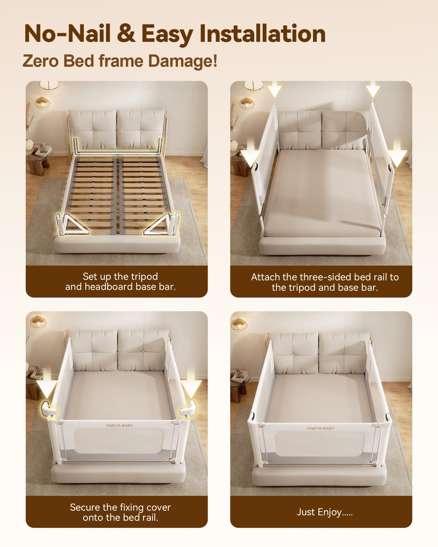 ONEYA BABY 3 Pack Bed Rail for Toddlers with Height Adjustable for Queen Size Bed, White/Grey,78.7x78.7x60 Inches