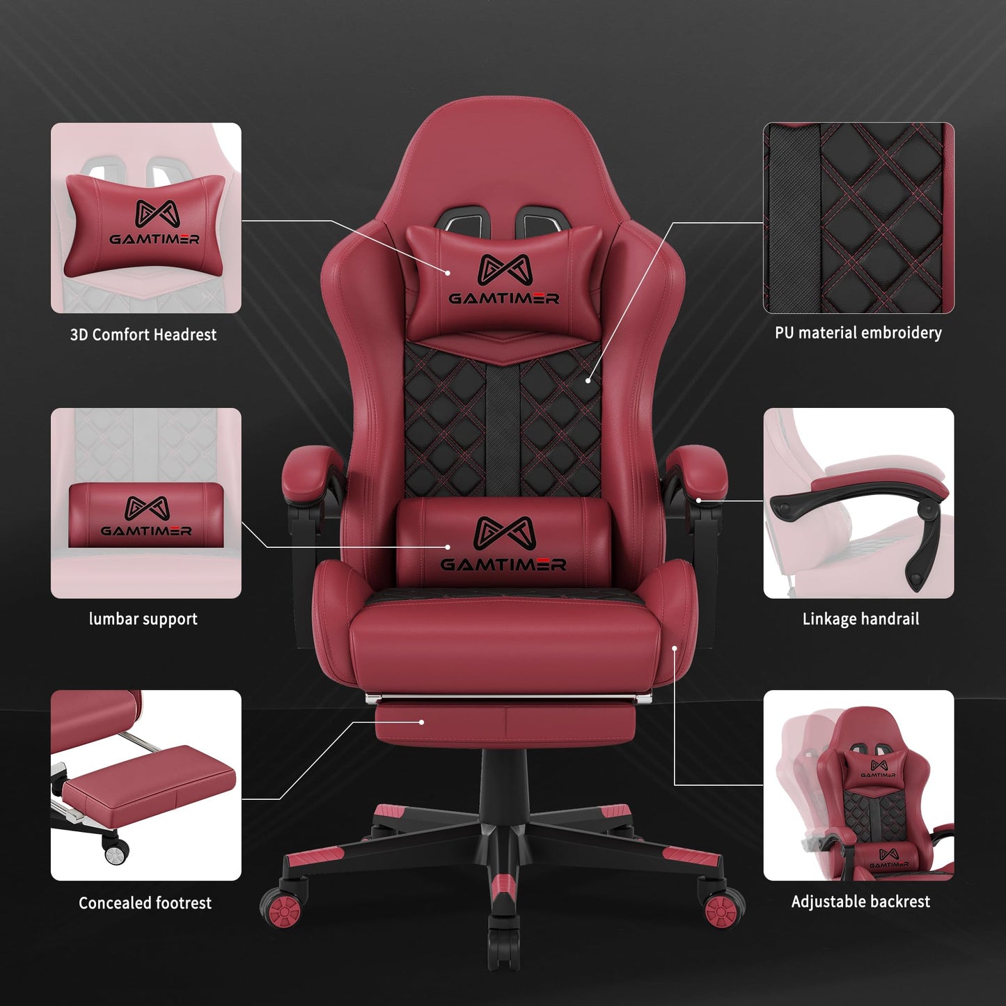 Gaming Chair,Computer Chair with Footrest and Lumbar Support,Breathable PU Leather,4D Lumbar Support and Headrest,360 Degree Swivel Chair with Adjustable Ergonomic Backrest for Adults(RED)