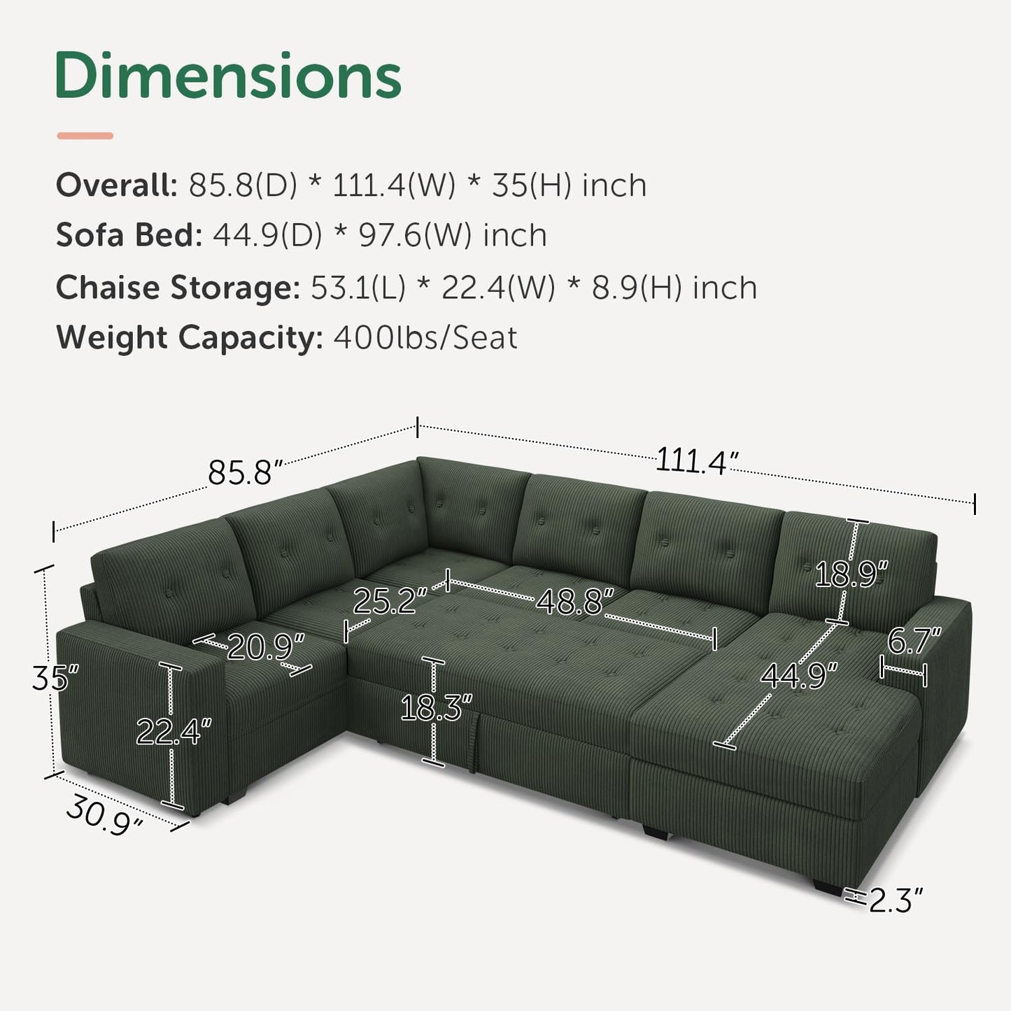 HONBAY Sectional Sleeper Sofa Bed with Storage Chaise, Sleeper Sectional Pull-Out Sofa, Sectional Sleeper Couch for Living Room, Velvet Green