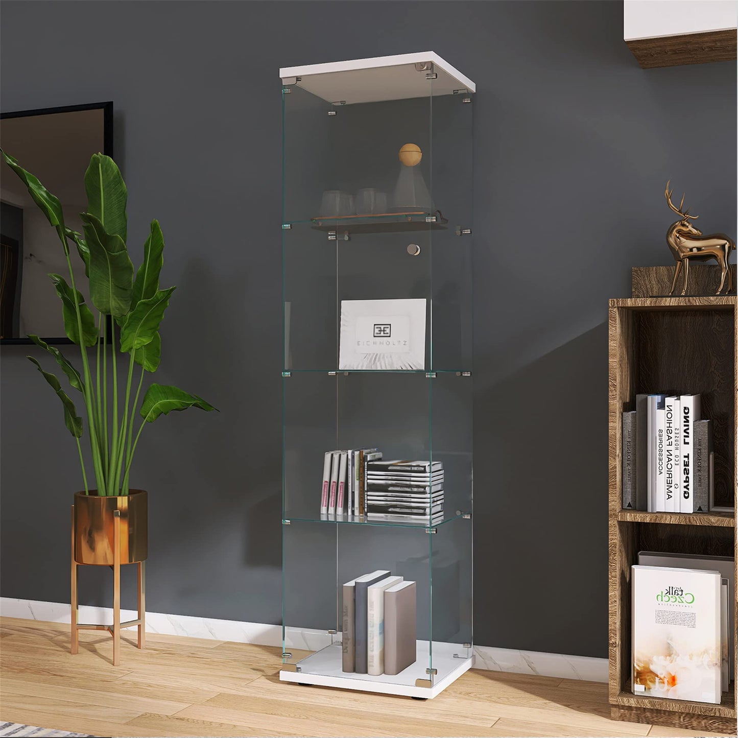 Ball & Cast Display Cabinet with Glass Door and Lock,17”W Lighted Curio Cabinet with Tempered Glass,4-Tier Display Case, Floor Standing Bookshelf for Home,Office,White