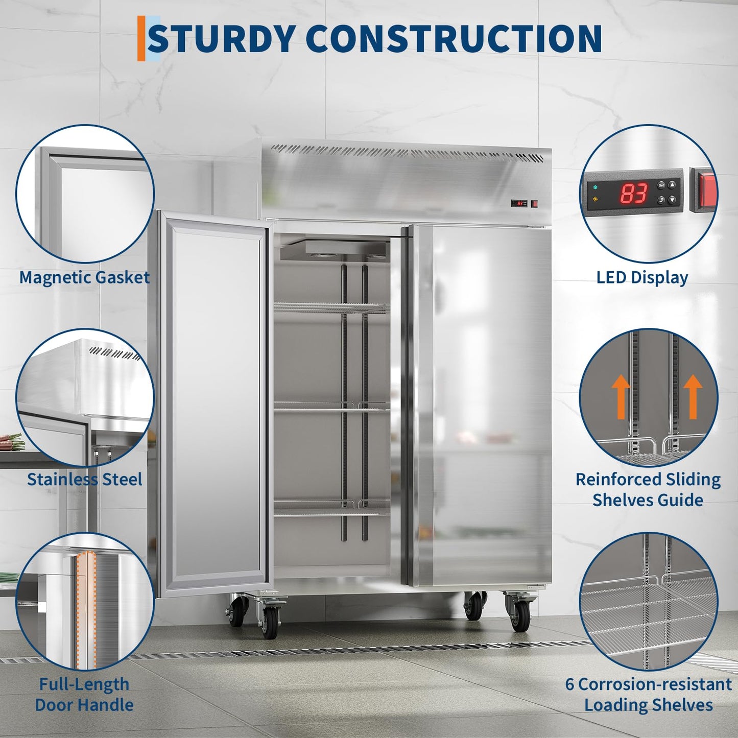 48" Commercial Upright Freezer, 36 Cu.Ft Stainless Steel - 2 Door Beverage Freezer with Auto Defrost, Fan Cooling, 6 Adjustable Shelves, Ideal for Restaurant, Bar, Shop