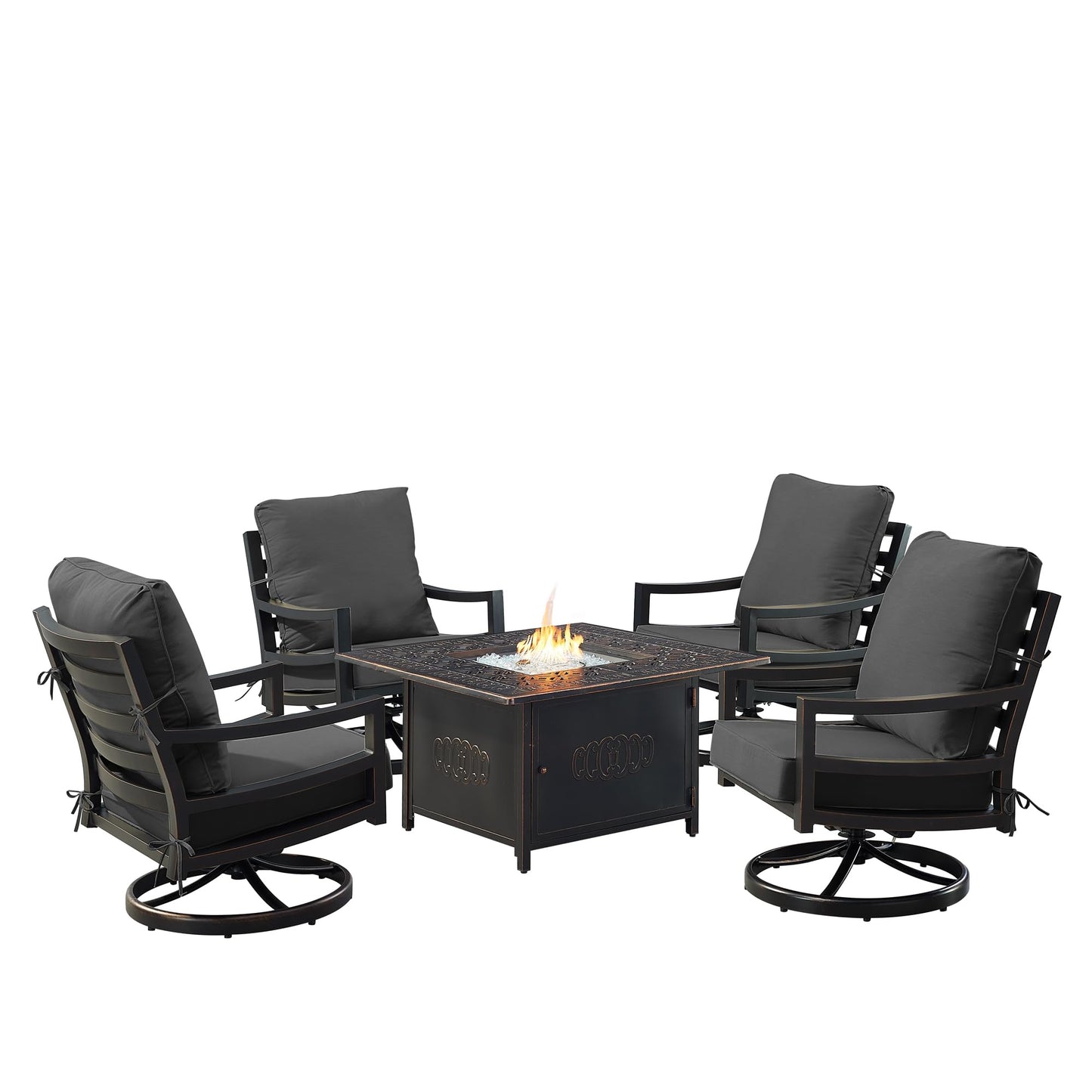 Oakland Living Black Aluminum Patio Fire Table Set with Four Club Chairs with Black Cushions