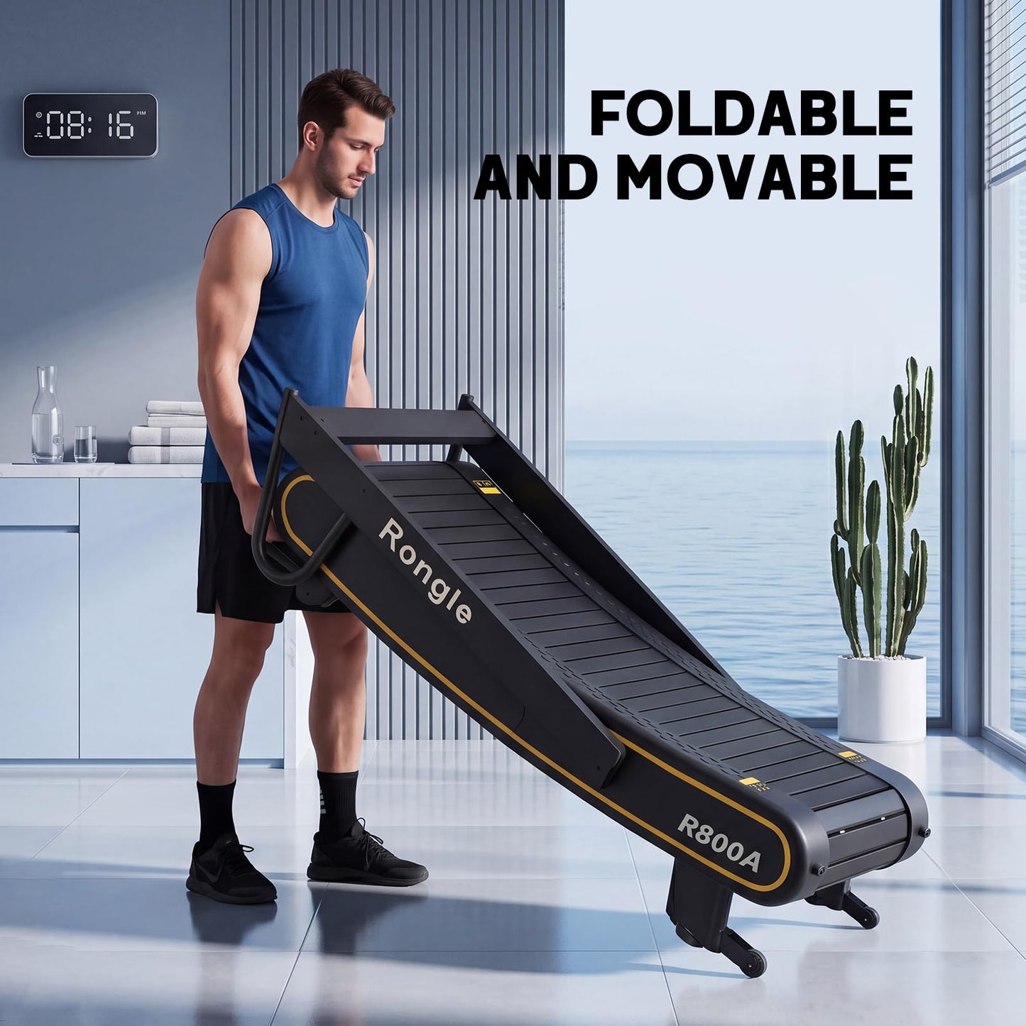 Rongle Curved Treadmill, Non-Powered Folding Treadmill, Adjustable Custom Resistance, Equipped with LCD Display, Suitable for Commercial and Home Use, 350 lbs Weight Capacity