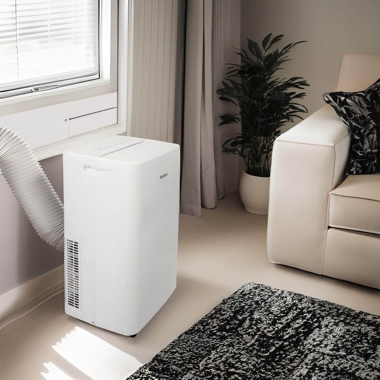 Whirlpool 14,000 BTU Portable Air Conditioner with Heater and Dehumidifier for Living Room, Apartment, or Bedroom, 115V, Portable AC for Rooms up to 700 Square Feet with Remote, 3 Speeds, Timer, White