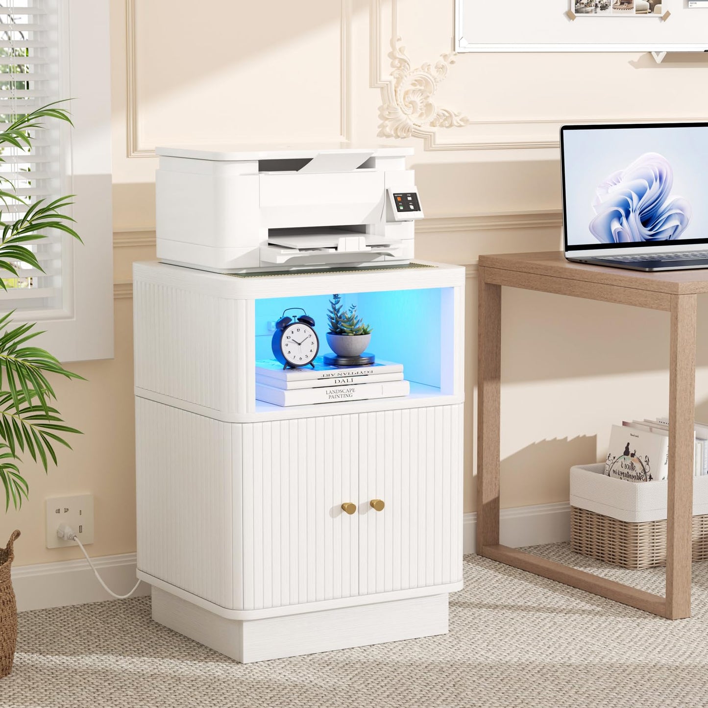 Night Stand with Charger Station, Modern Nightstand Set of 2 with Hidden Drawer, Saddle Leather Top, Smart LED, and Sliding Door Cabinet, for Bedroom, Living Room, Apartment, Dorm, Office, White