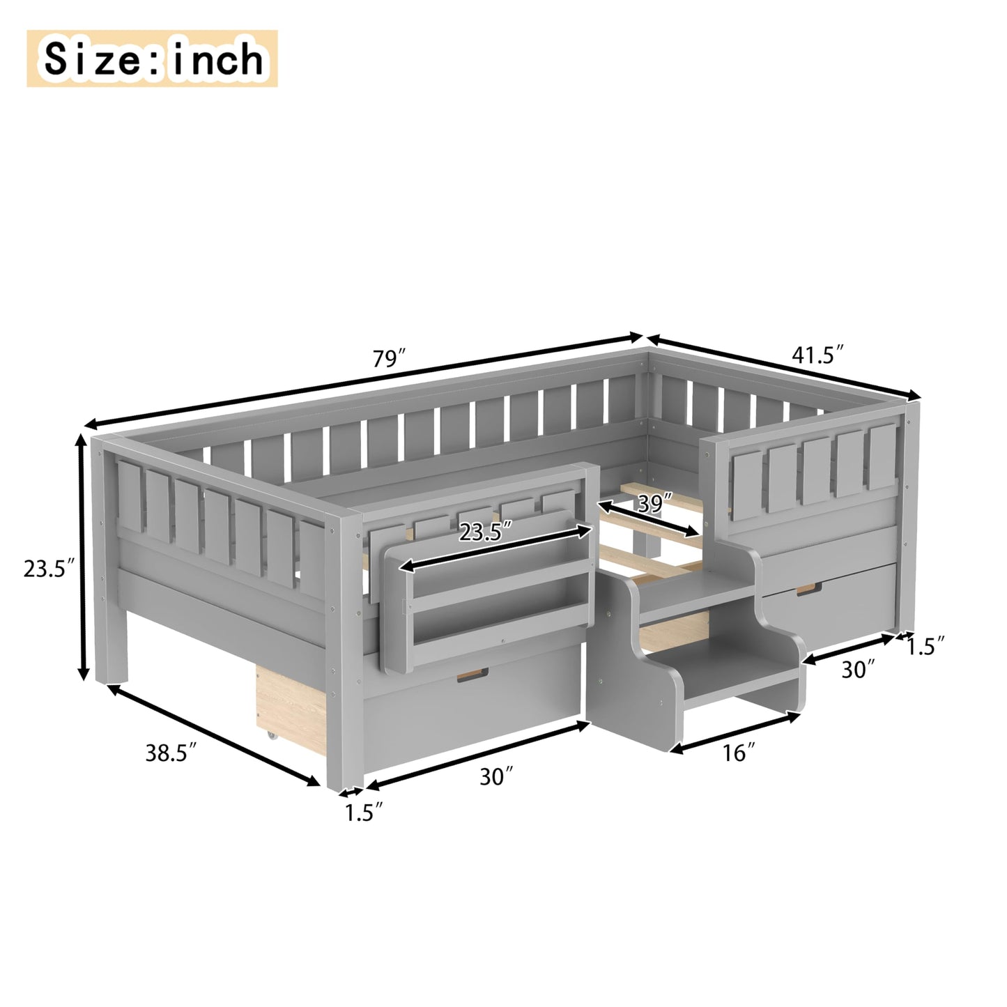 Bellemave Twin Bed with Slats and Stairs, Twin Size Platform Bed Frame with Fence, Bookshelf and Storage Drawers, Easy Assemble Beds for Kids, Girls, Boys, Gray