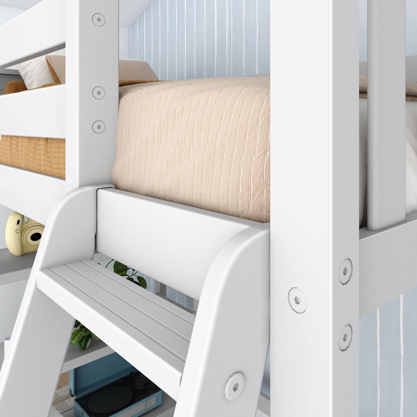 Max & Lily High Loft Bed, Twin Bed Frame For Kids With Bookcase, White