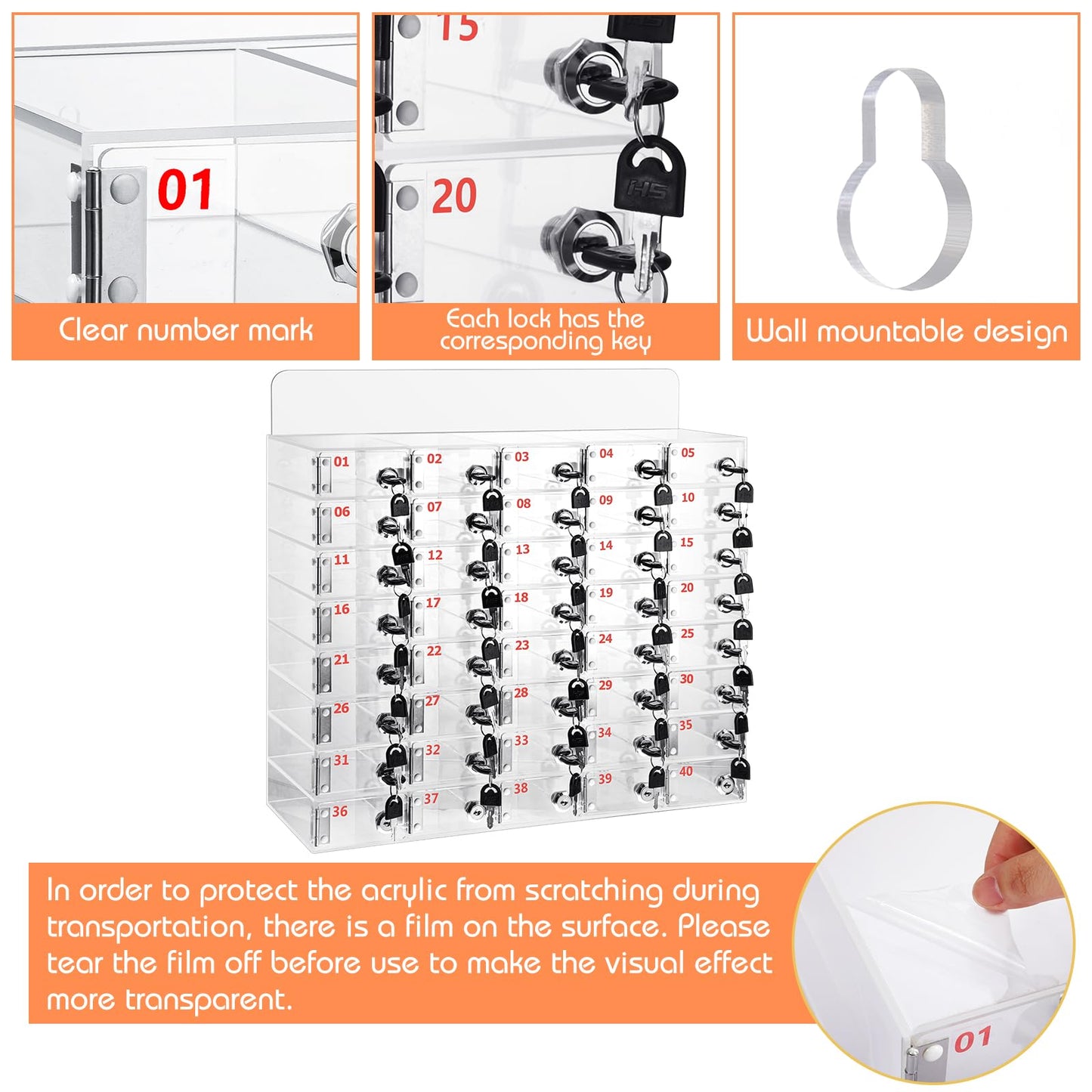 Threan Cell Phone Locker Box for Classroom with Door Locks and Keys Clear Acrylic Phone Jail Storage Cabinet Wall Mounted for School Factory Office(40 Slot)