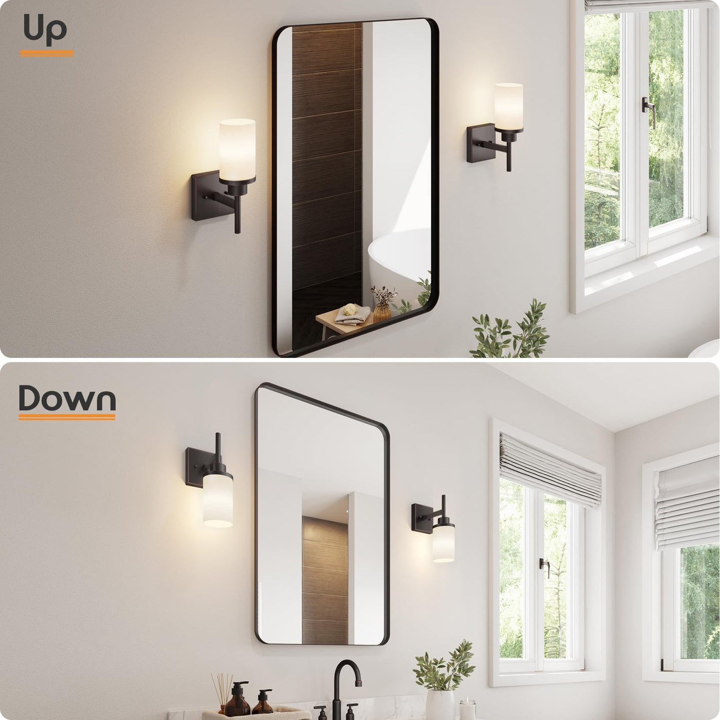 AONEON Wall Lights Over Mirror, 1-Light Oil-Rubbed Bronze Sconces, White Frosted Glass Shade, Model T001ORB-L1-P2, 2 Pack
