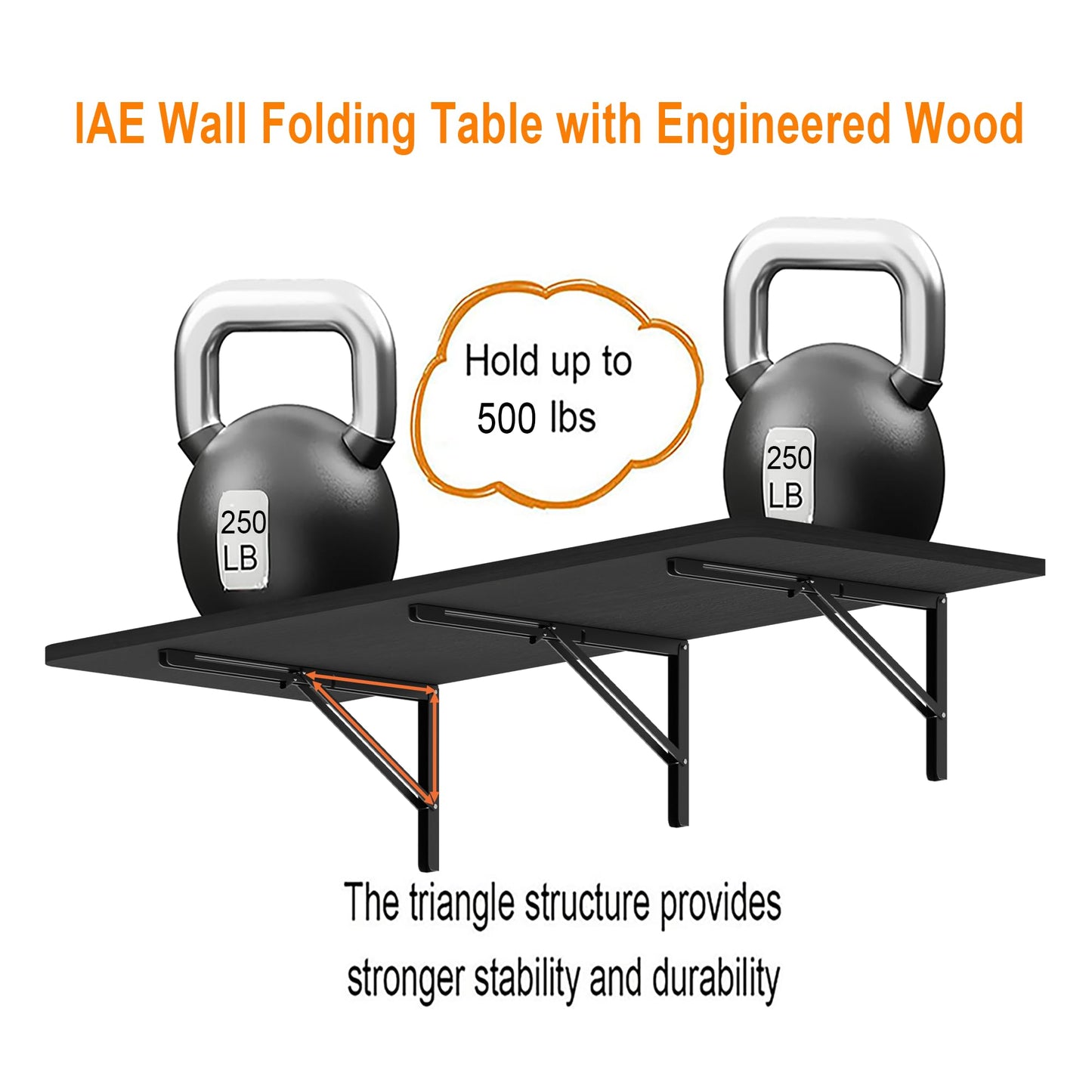 IAE 60" x 22" Floating Foldable Desk,Wall-Mounted Folding Computer Table with Engineered Wood,Study Table with Shelf Brackets,Fold Down Shelf,Fold Computer Desk for Small Apartment,Holds 500 lb,Black