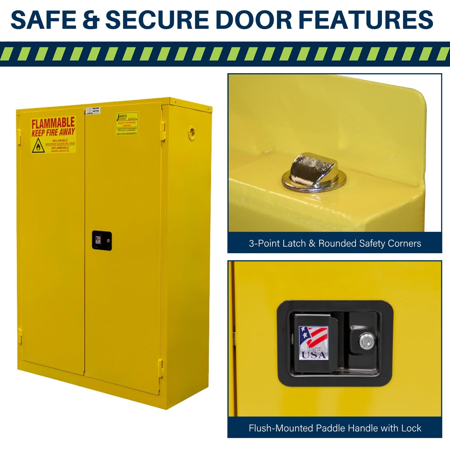 Jamco 45 Gallon Flammable Safety Cabinet, Steel Flammable Storage Cabinet with Lockable Self-Closing Doors, Non Forkliftable, 43" x 18" x 65", Yellow