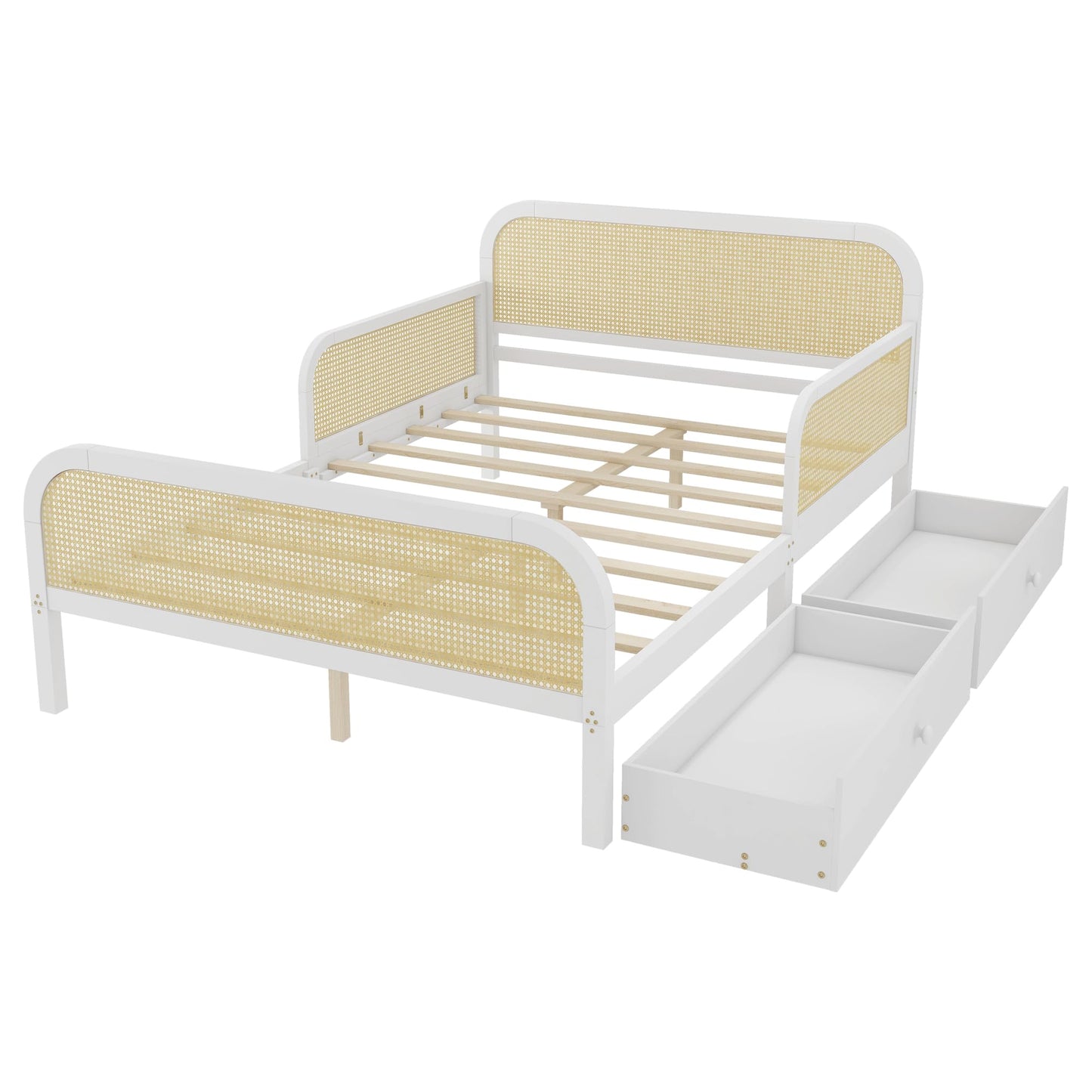 KEIKI Full Size Pine Wood Platform Bed Frame with 2 Storage Drawers & Headboard & Footboard, for Boys and Girls, Rattan Bed with Solid Slat, No Box Spring Required, Easy Assembly, for Bedroom, White