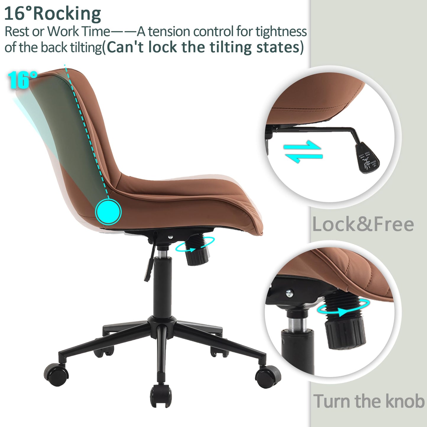 YOUTASTE Coffee Brown Office Chair Modern Armless Desk Chair with Wheels Adjustable Swivel Rocking Rolling Computer Study Chairs Faux Leather Sewing Chairs with Back Stylish Vanity Chair