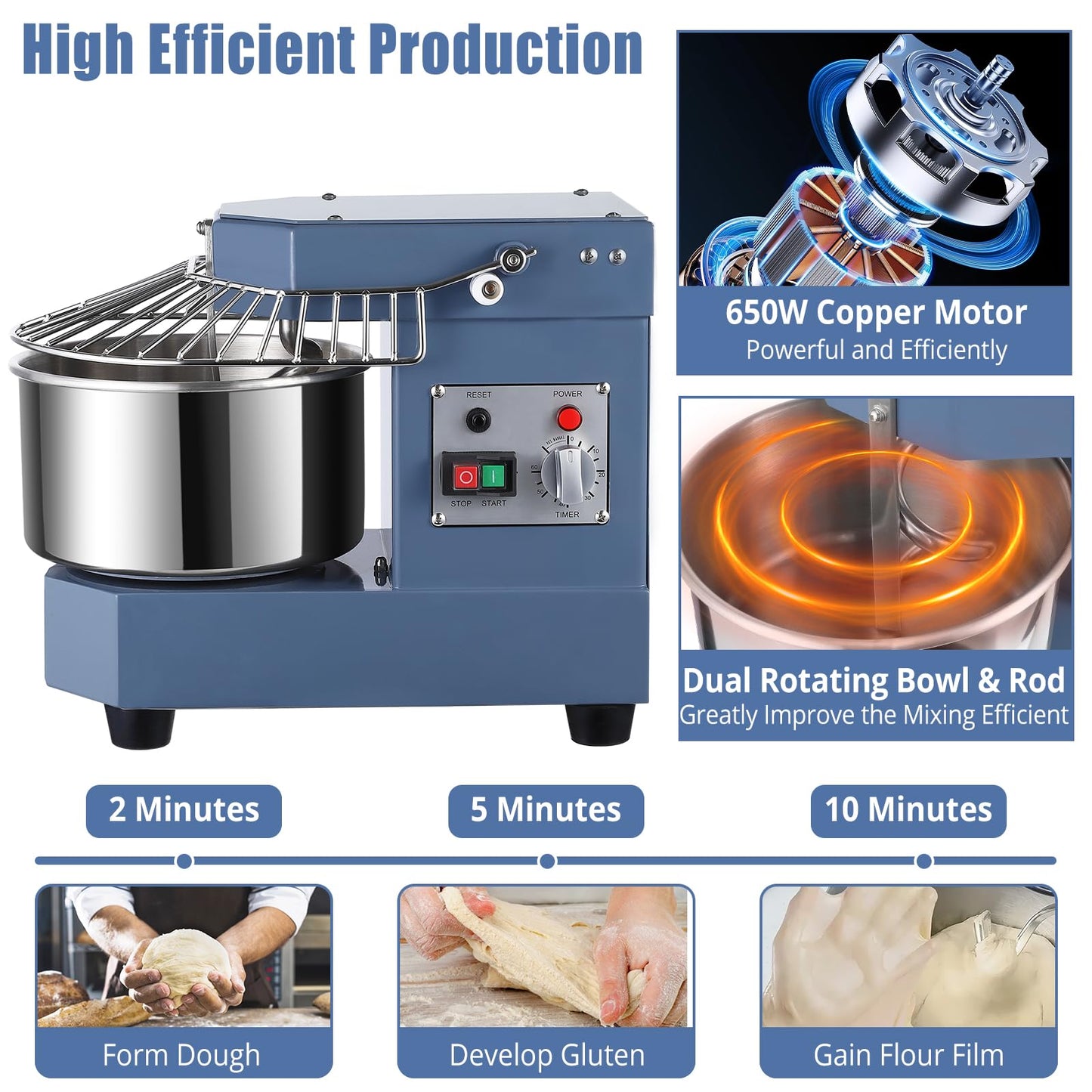 Garvee Commercial Dough Mixer 10.5 QT, 650W Dual Rotating Dough Kneading Machine with Food-Grade Stainless Steel Bowl, Security Shield & Timer, Electric Spiral Mixer for Restaurant Bakery Pizzeria