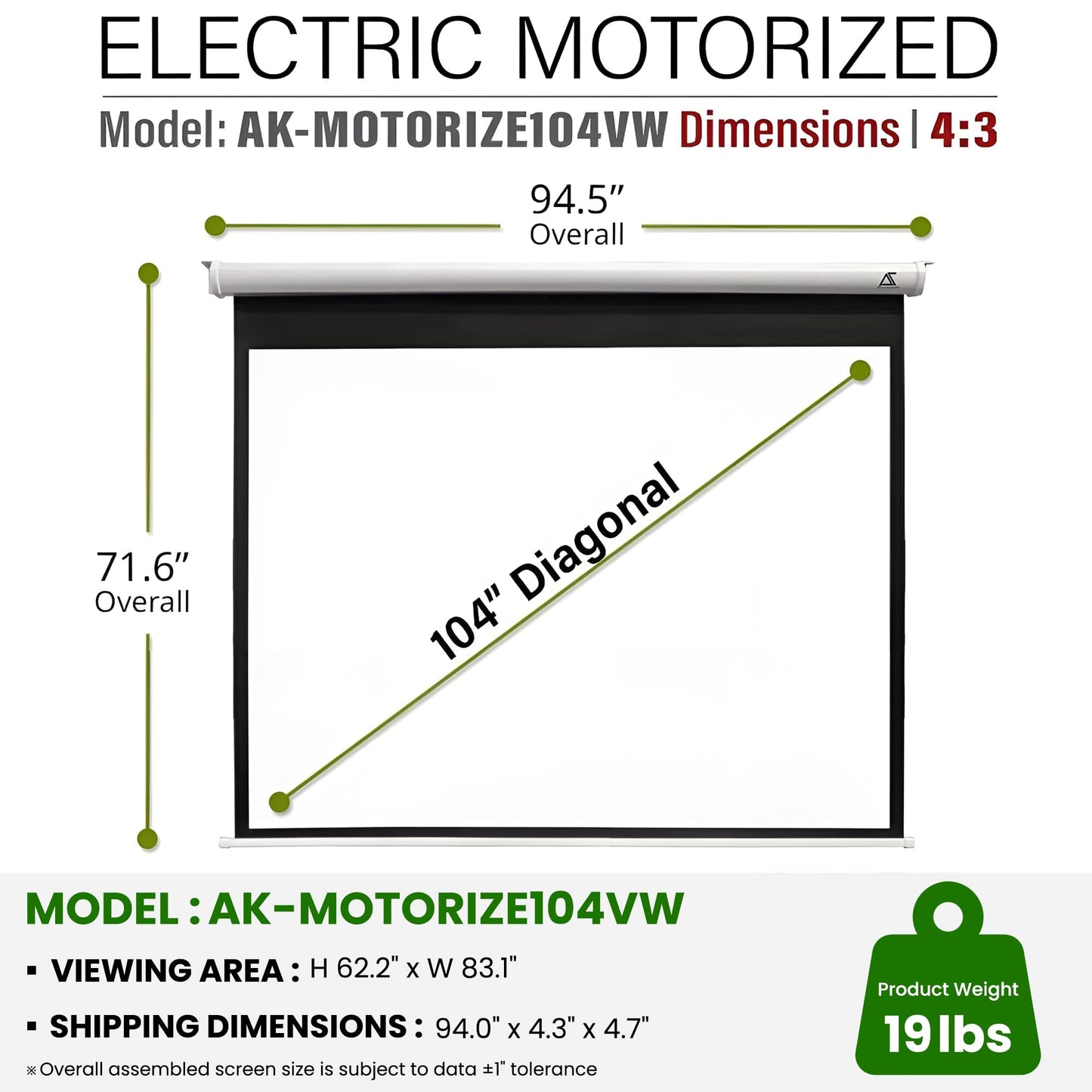 Akia Screens 104" Motorized Projector Screen 4:3 – Electric Drop Down with Remote, 8K/4K HD & 3D Ready, Ceiling or Wall Mount – AK-MOTORIZE104VW