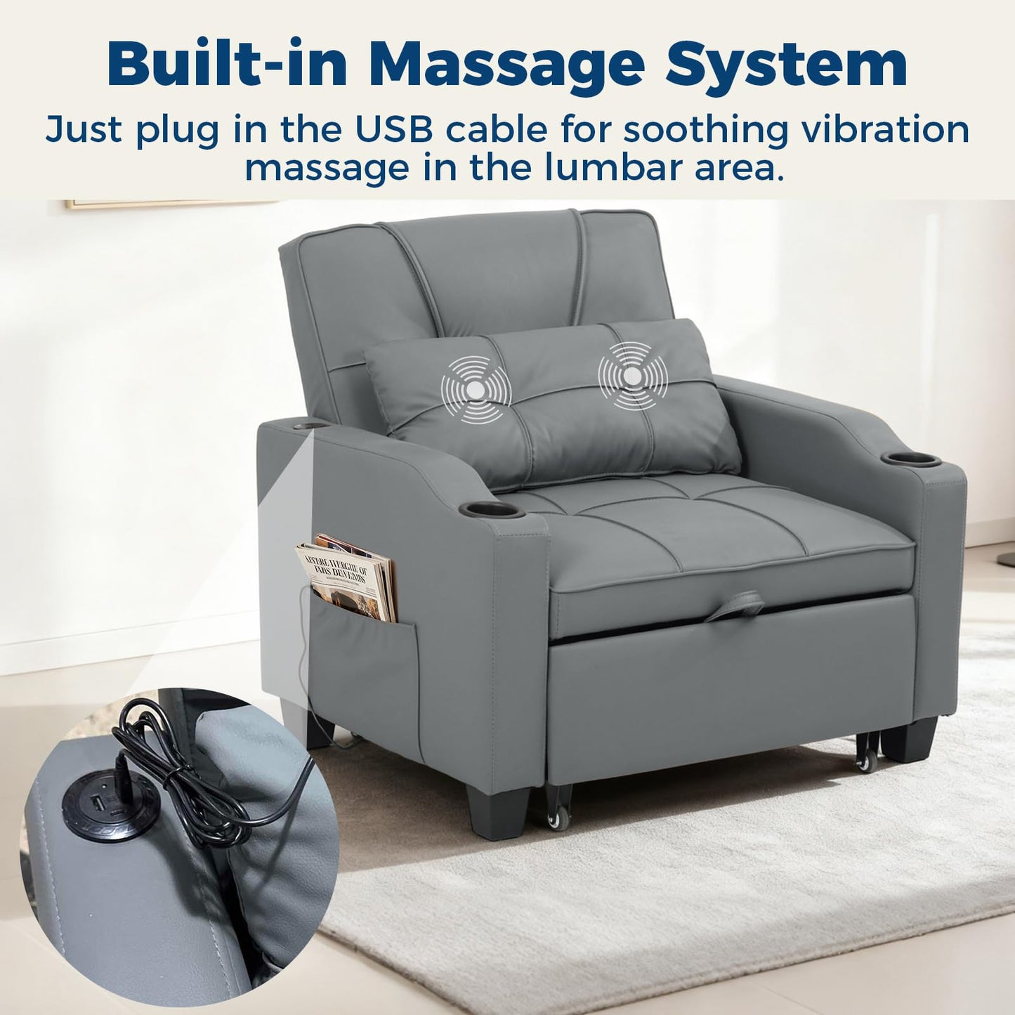 4 in 1 Convertible Sleeper Chair Bed with Vibration Massage Lumbar Pillow, Single Sofa Recliner Featuring USB/Type-C Port, Cup Holders & Side Pocket, Space-Saving Pull Out Bed for Small Spaces, Grey