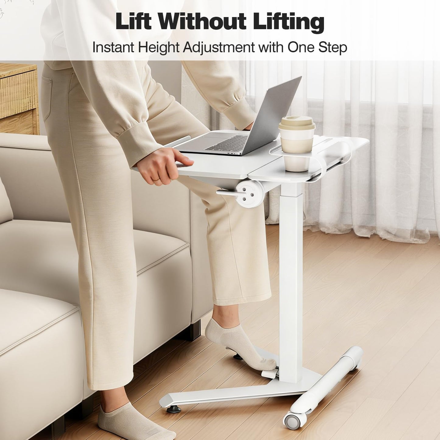 ROMOON Rolling Standing Desk with Wheels, Portable 24 inch Sit-Stand Laptop Cart with Tilt Top and Storage, Mobile Compact Workstation for Home Office and Small Spaces (White)