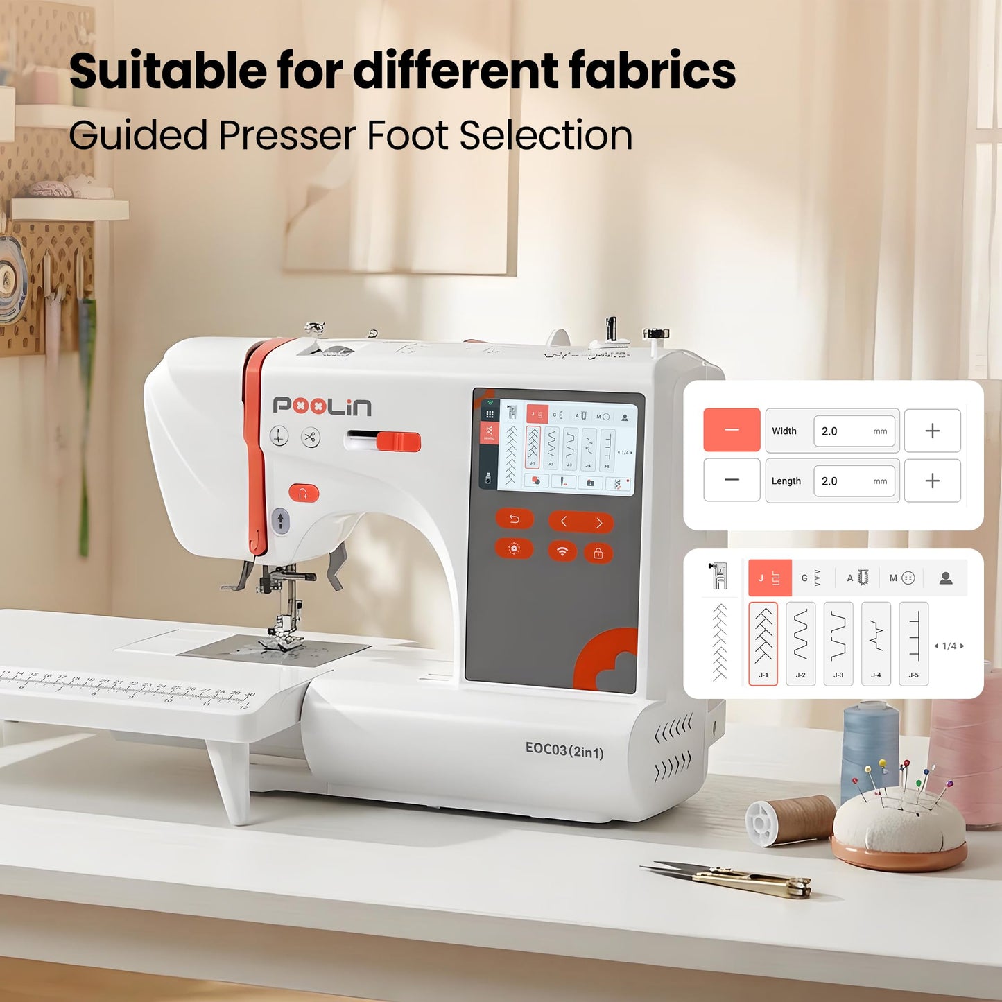 PooLin EOC03(2in1) Sewing and Embroidery Machine 4"x4" & 4"x9.25" Embroidery Size, 130 Built-in Designs 207 Sewing Stitches, 4.3" Touch Screen with WiFi Transfer, Includes Full Kits 1-on-1 Training