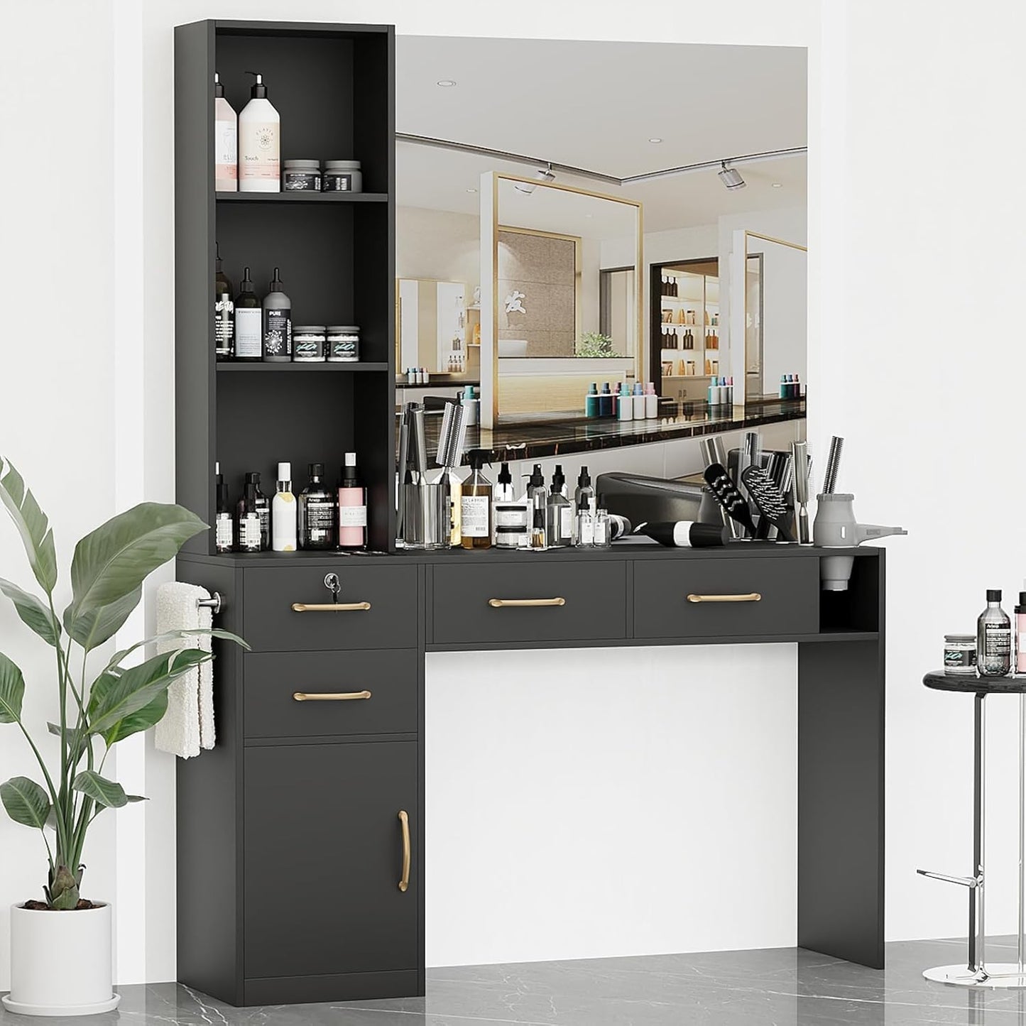 GOFEI Black Barber & Beauty Salon Station – Multi-Use Hair Styling Workstation with Cabinet, 4 Drawers, and Blow Dryer Rack – Ideal for Salons, Spas & Vanity Setups (No Mirror)