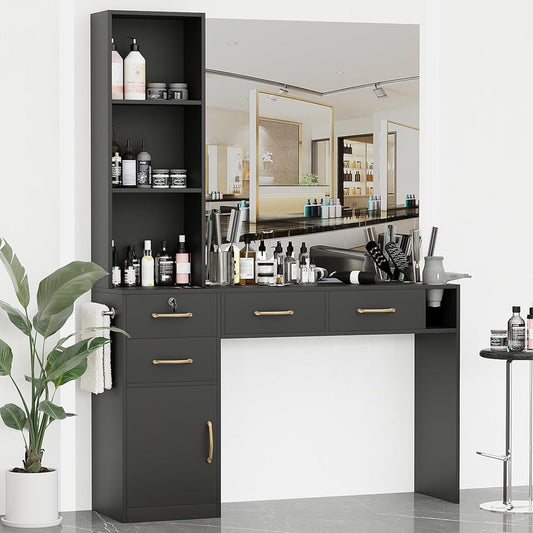 GOFEI Black Barber & Beauty Salon Station – Multi-Use Hair Styling Workstation with Cabinet, 4 Drawers, and Blow Dryer Rack – Ideal for Salons, Spas & Vanity Setups (No Mirror)