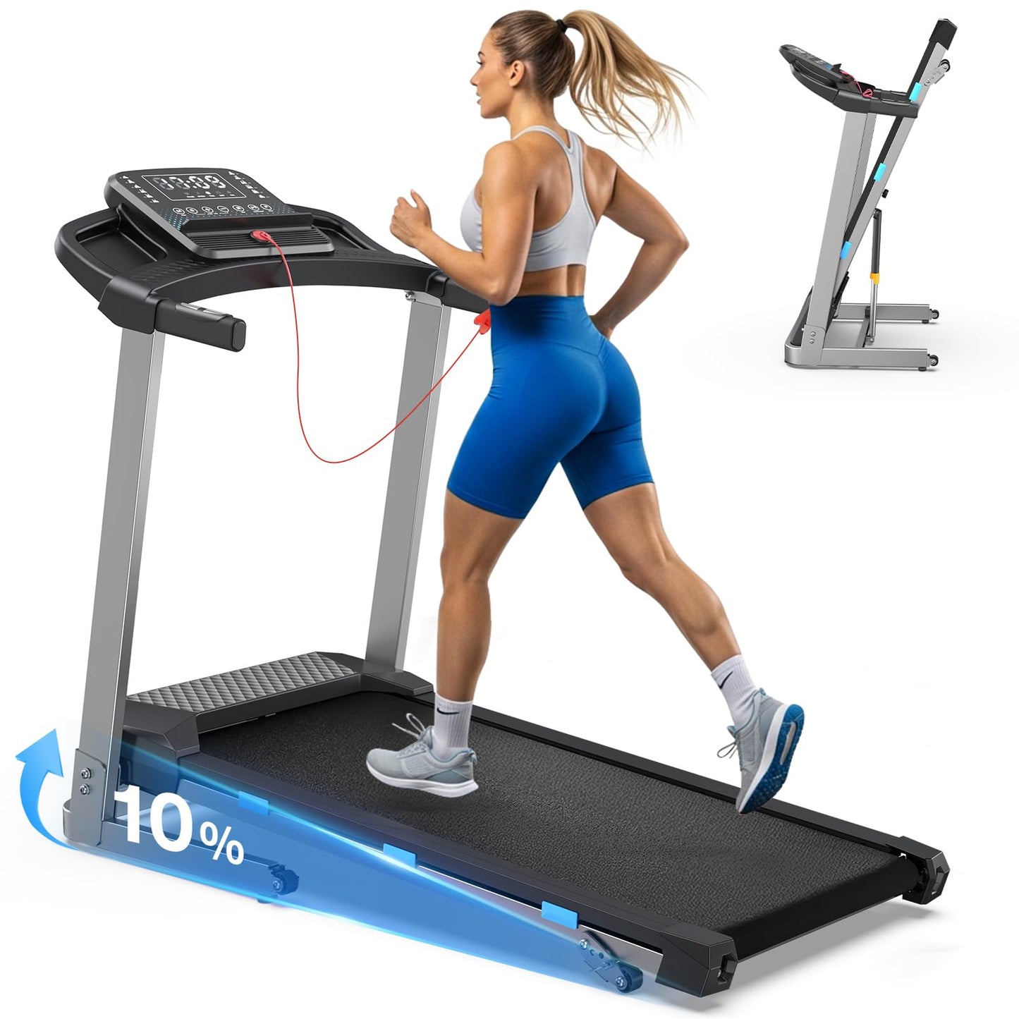 COZYINN Folding Treadmill with Incline, 3.5HP Quiet Treadmills for Home 400 lb Capacity, Running Machine with Pulse Sensor and Bluetooth Speaker, 7.6 MPH, App, Wide Belt, Space-Saving Design