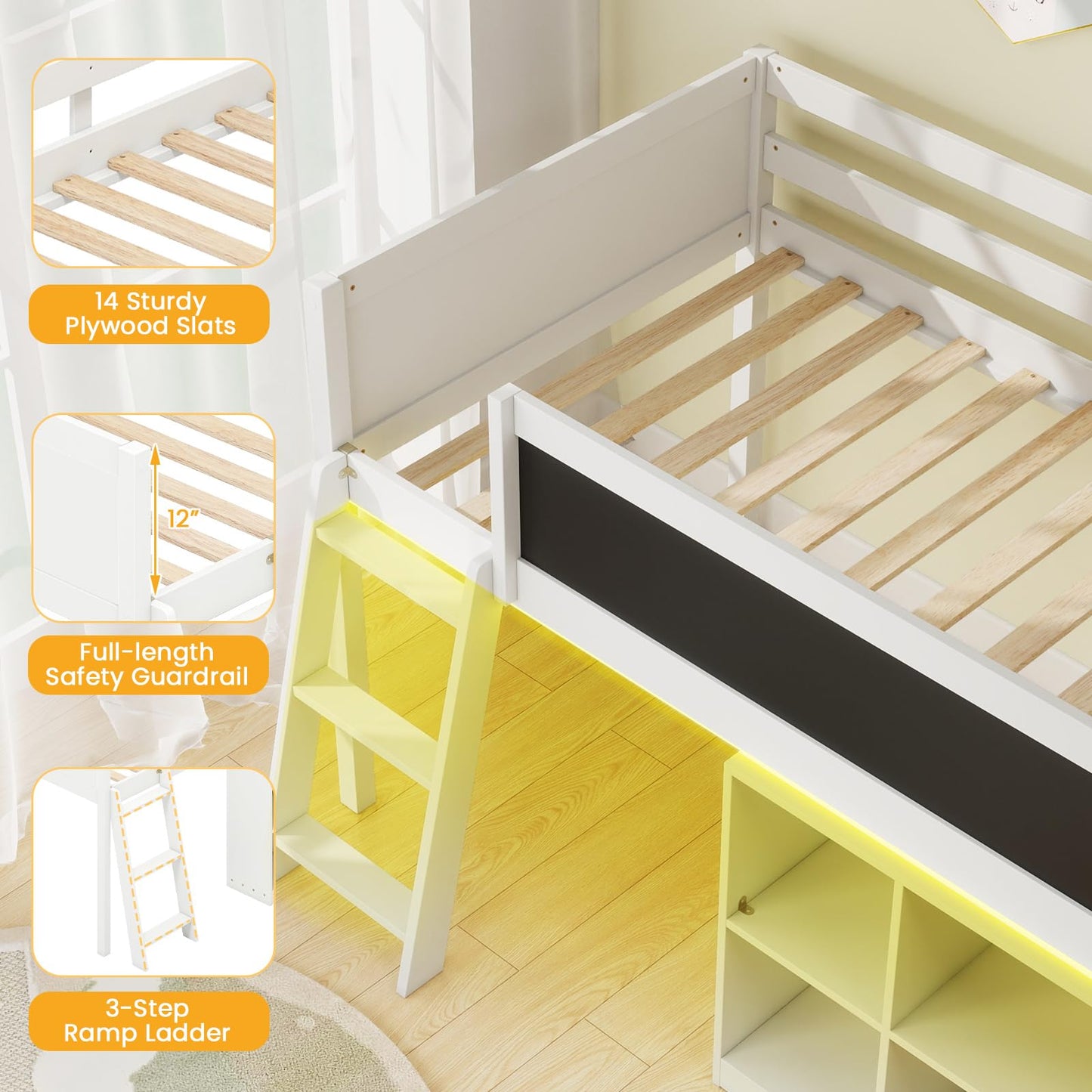 Giantex Low Loft Bed with LED Lights, Twin Size Bed Frames for Kids w/Chalkboard, Removable Bookcase & Under-Bed Storage Space, Wood Loft Beds with Stairs, Safety Guardrail for Girls Boys (White)