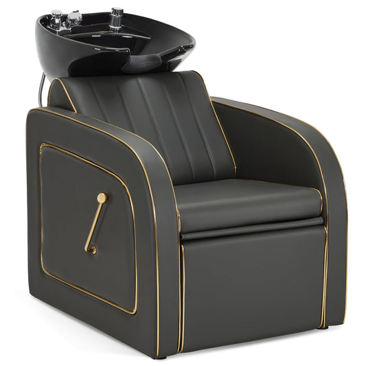 BarberPub Backwash Shampoo Chair and Bowl Set, Adjustable Porcelain Ceramic Wash Bowl Sink Unit, Luxurious Shampoo Station Chair for Spa Beauty Salon Hair Salon 9175 (Luxurious, Grey)