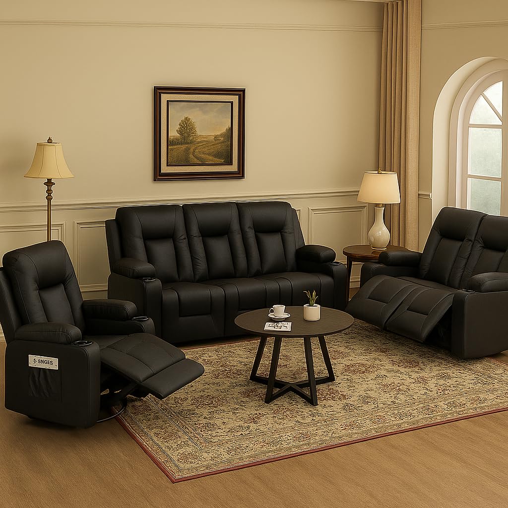 LUCKLIFE Leather Recliner Sofa Set with Manual Recliners,Living Room Furniture Set with Reclining Couch,Loveseat and Armchair,Living Room Chair with Cup Holders,Black (3+2+1)