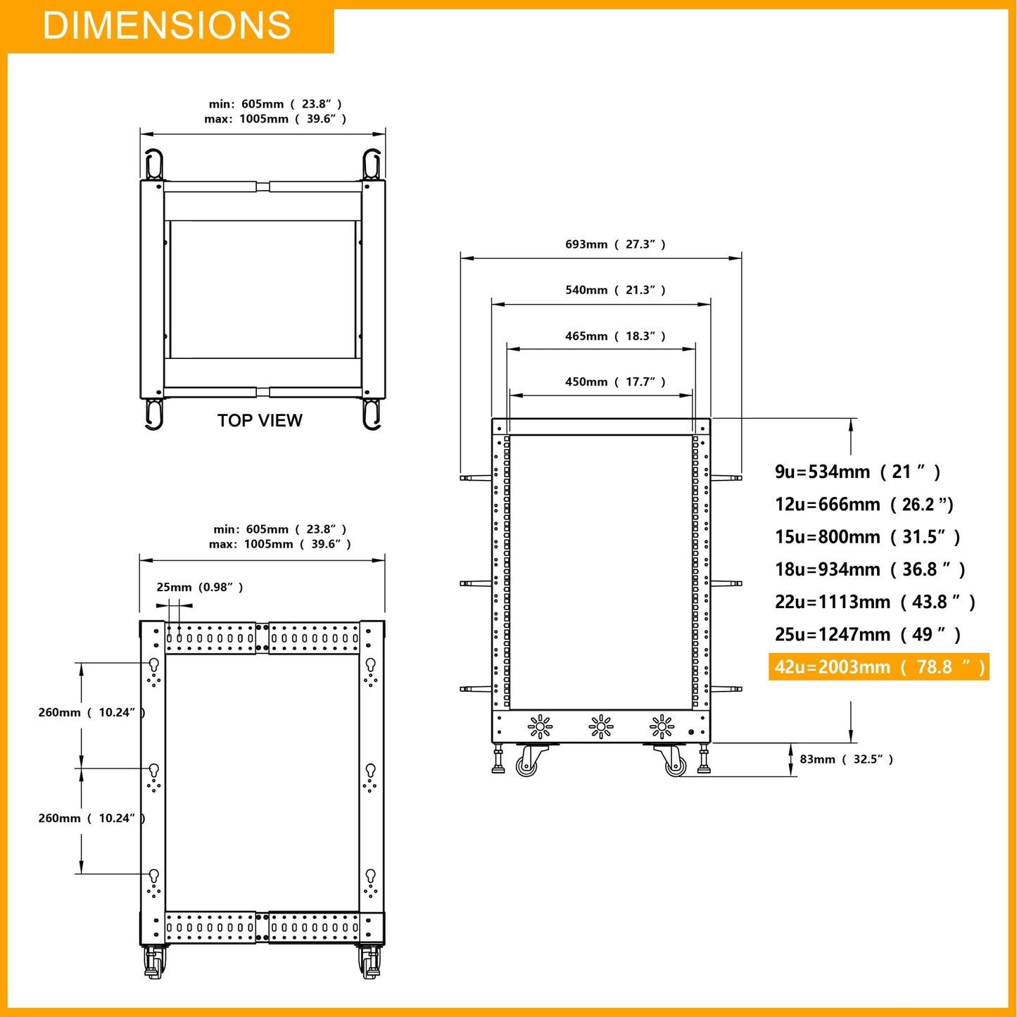 RIVECO 42U 19” Adjustable Depth Server Rack Support Up to 1700LBS Floor Standing 4 Post Rack with L Rails & Load-Bearing Casters Universal for Network Equipment Black