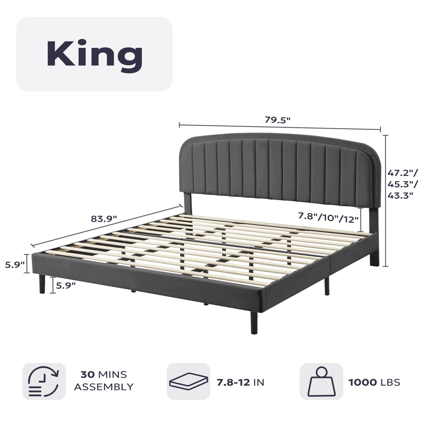 Furnify King Size Bed Frame, Velvet Upholstered Platform Bed with Vertical Channel Tufted Headboard, Rounded Corners Design, Metal Bedframe with Wooden Slat, No Box Spring Required, Grey