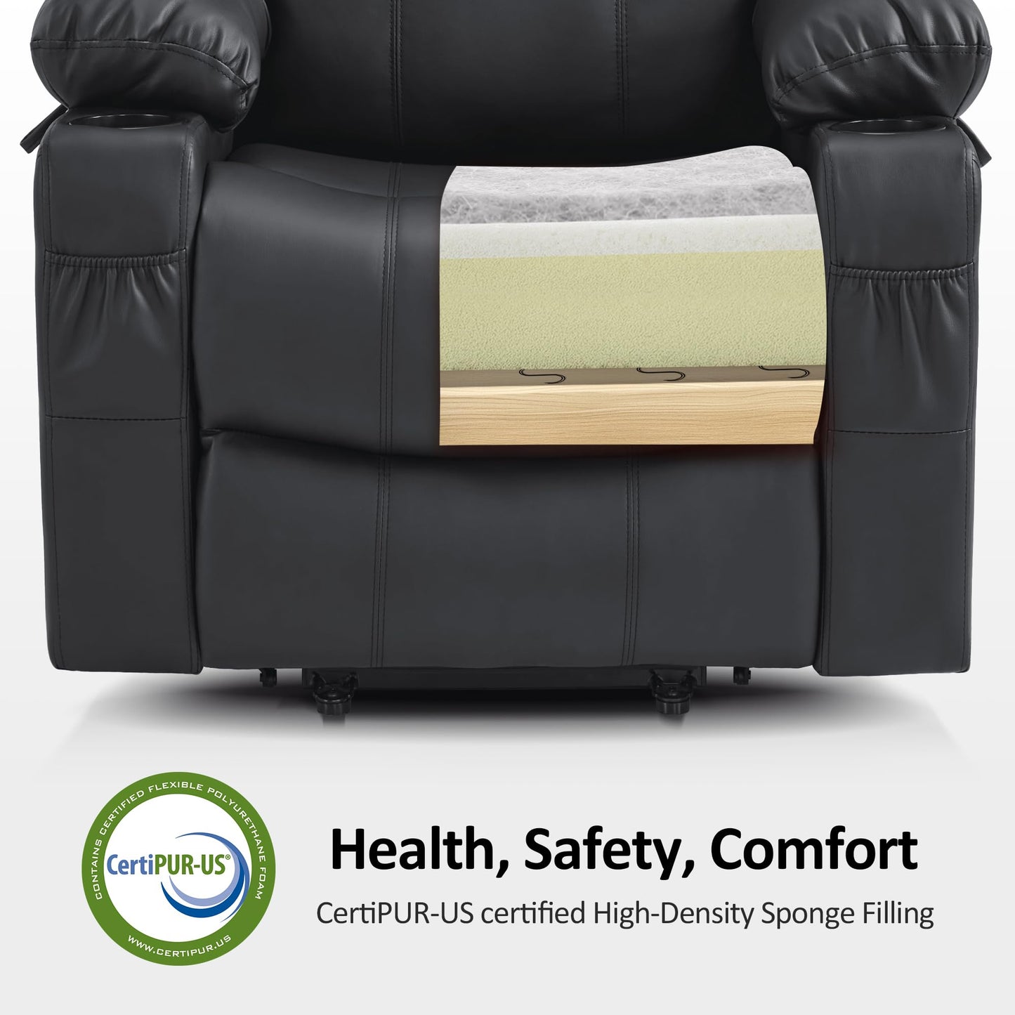 MCombo Power Lift Recliner Chair for Elderly, Lift Chair with Heat and Massage, FSC Certified, USB Ports, Cup Holders, Faux Leather 7040 (Black, Medium)