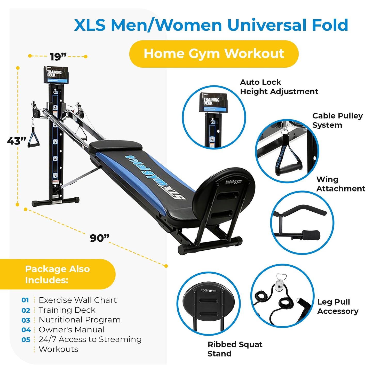 Total Gym XLS Men/Women Universal Full Body Training Home Gym Machine, 80 Unique Exercises, w/ Squat Stand, Leg Pull, 2 Ankle Cuffs & Exercise Chart