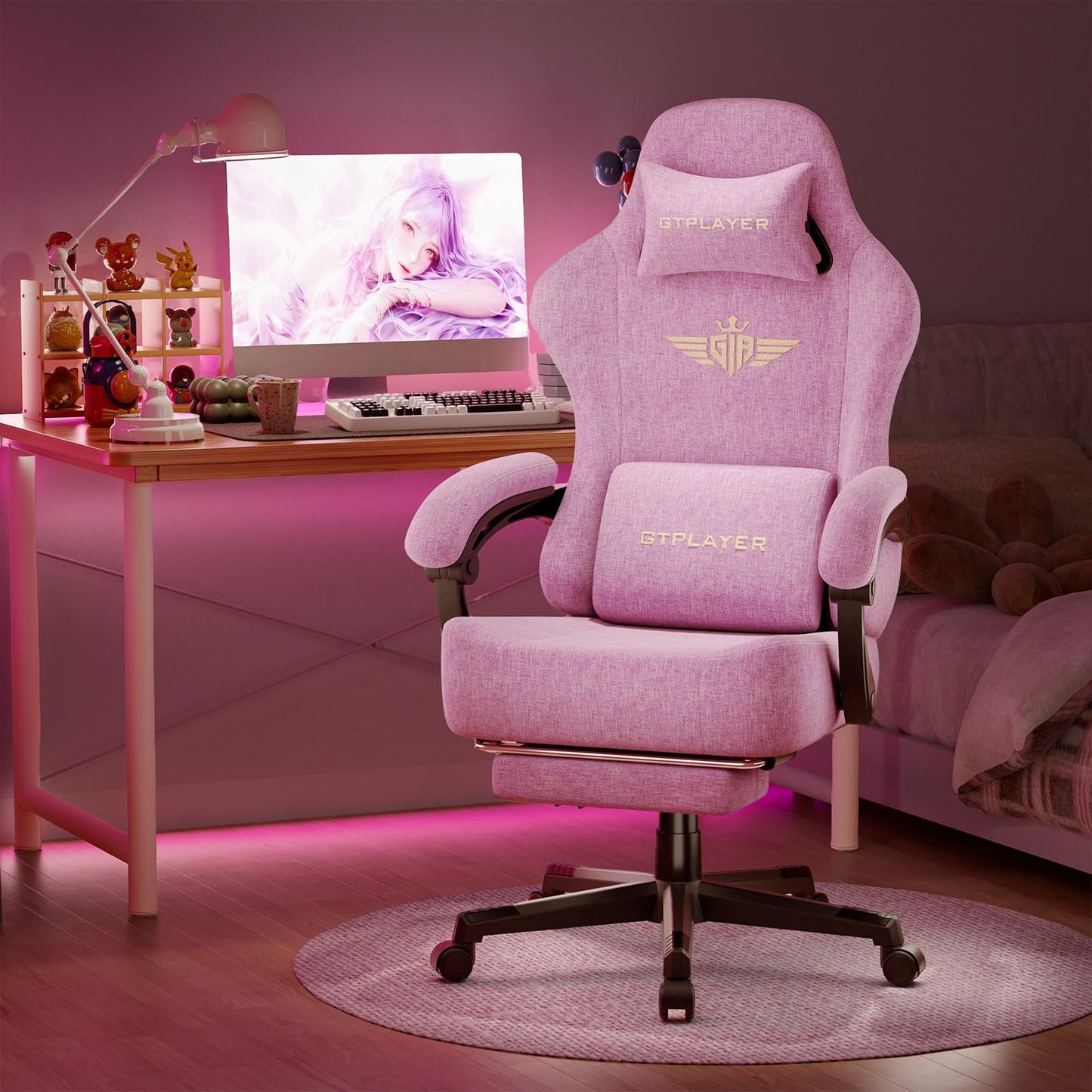 GTPLAYER Big and Tall Gaming Chair with Pocket Spring Cushion, High Back Ergonomic Computer Chair with Footrest for Adults Lumbar Support Swivel Game Chair for Office Gaming 350LBS, Fabric Pink