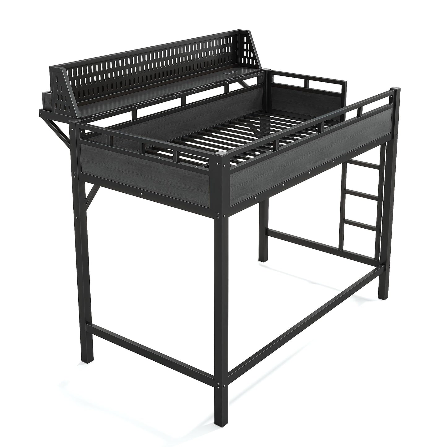 Bellemave Twin XL Metal Loft Bed Frame with Storage Shelf & Pegboard,Heavy Duty Loft Bed with LED Lights and Charging Station for Kids Adults Teens,Black