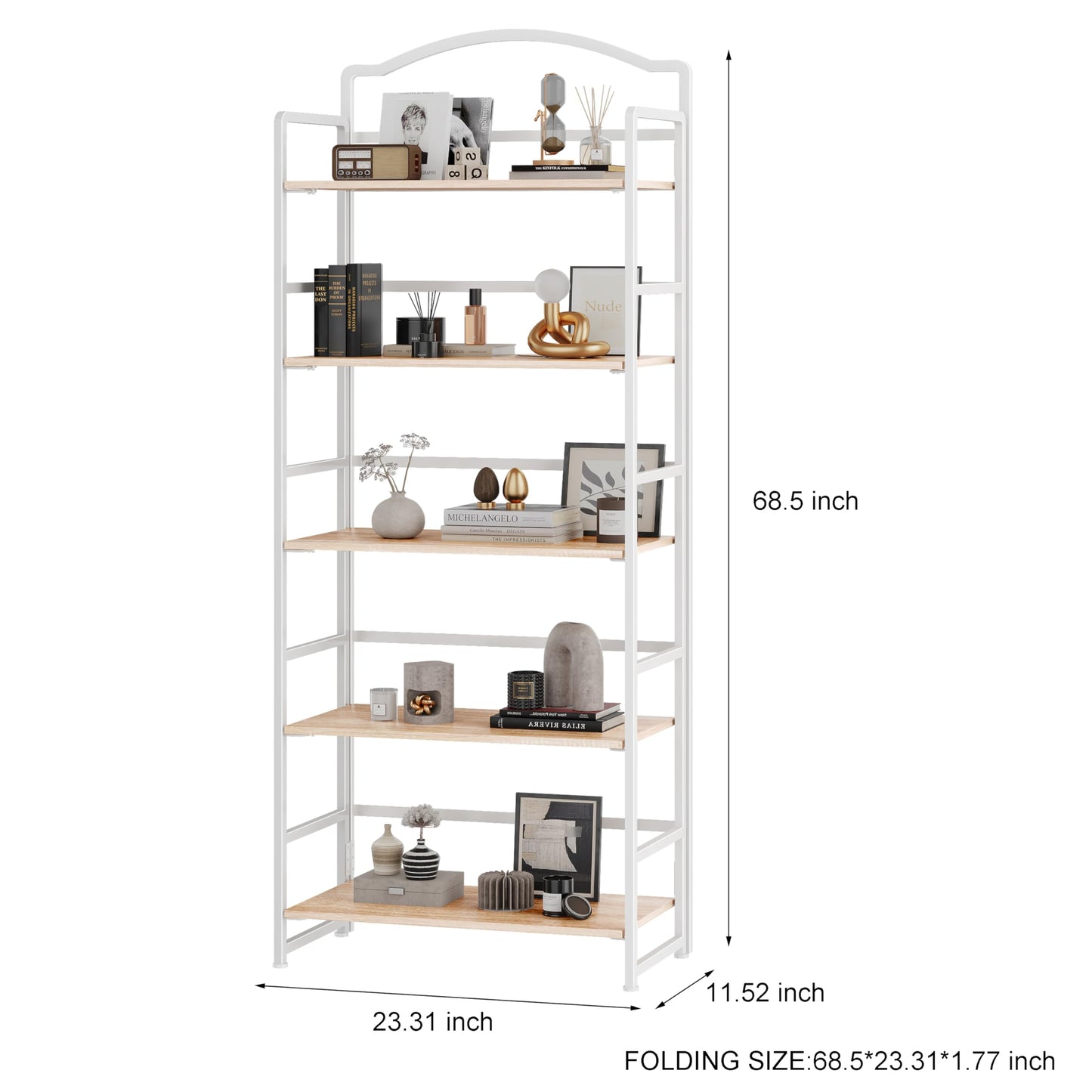 JSB 5 Tier No Assembly Folding Bookshelf, Arched Bookshelf, Foldable Bookcase for Living Room, Bedroom, Office,Skinny Bookshelf (White)