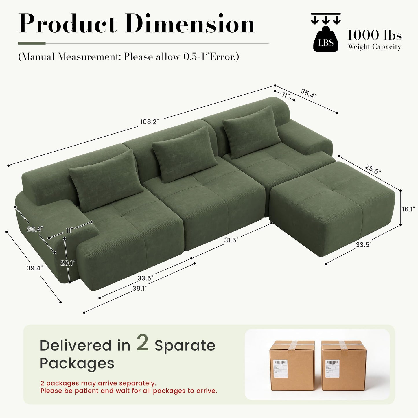 GRUSIGN 108'' Modular Sectional Boneless Sofa, Tufted Sectional Couches for Living Room,Oversized L Shape Deep Seat Sofa with Ottoman & 3 Throw Pillows,Corduroy Cloud Couch,Green