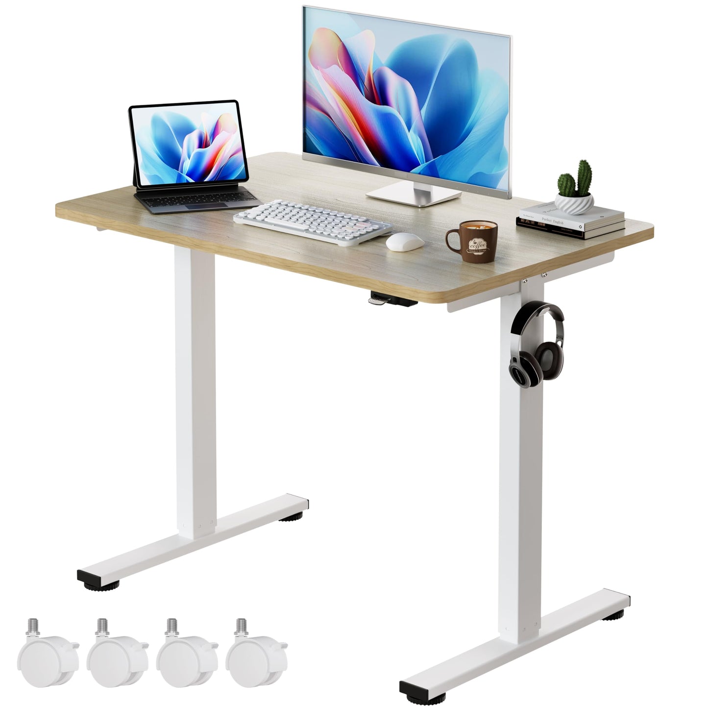 Okin Electric Standing Desk, 40 x 24 Inches Whole Piece Height Adjustable Desk, Oak Sit to Stand Desks Computer Workstation with Wheels for Home Office