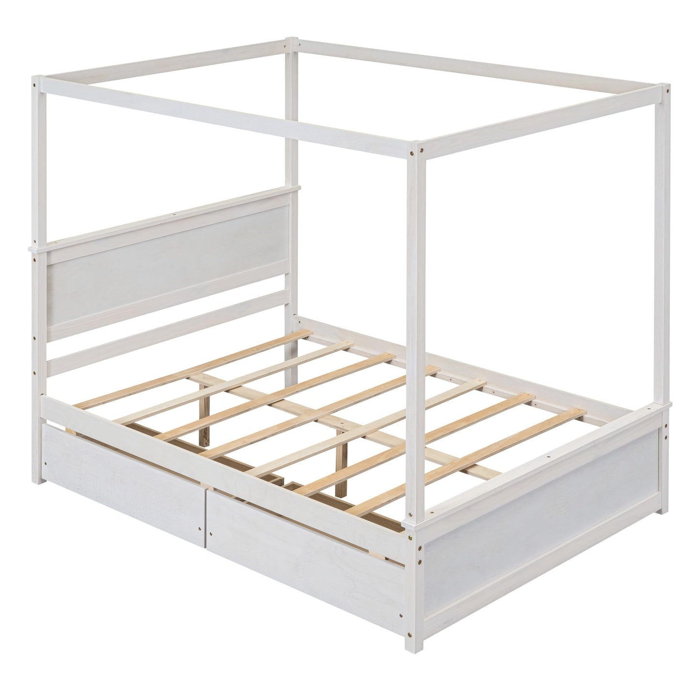 Merax Full Size Canopy Platform Bed with 2 Drawers, Wooden Bed Frame with Support Slats, No Box Spring Needed, Brushed White
